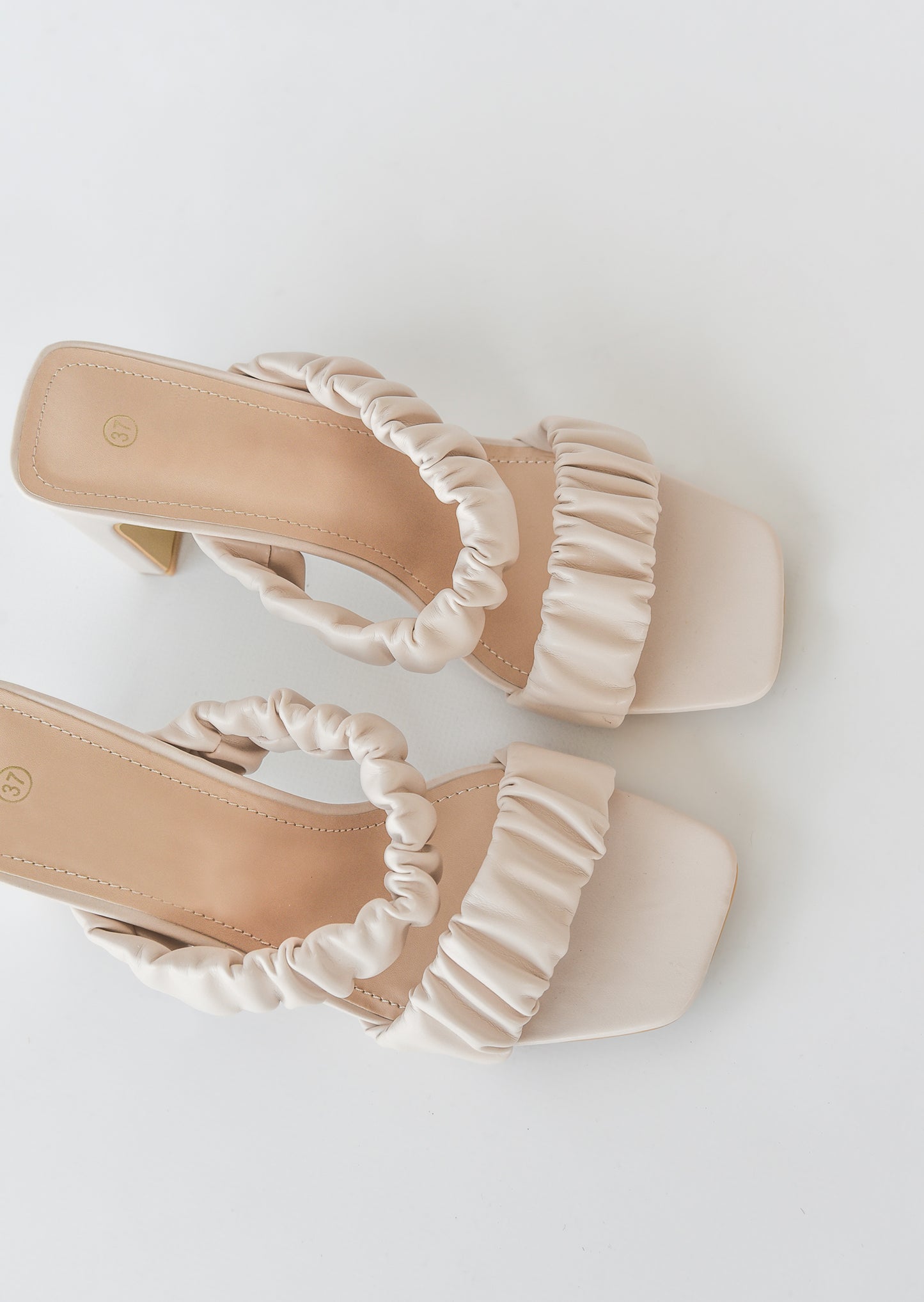 Square toe ruched heeled mules in beige