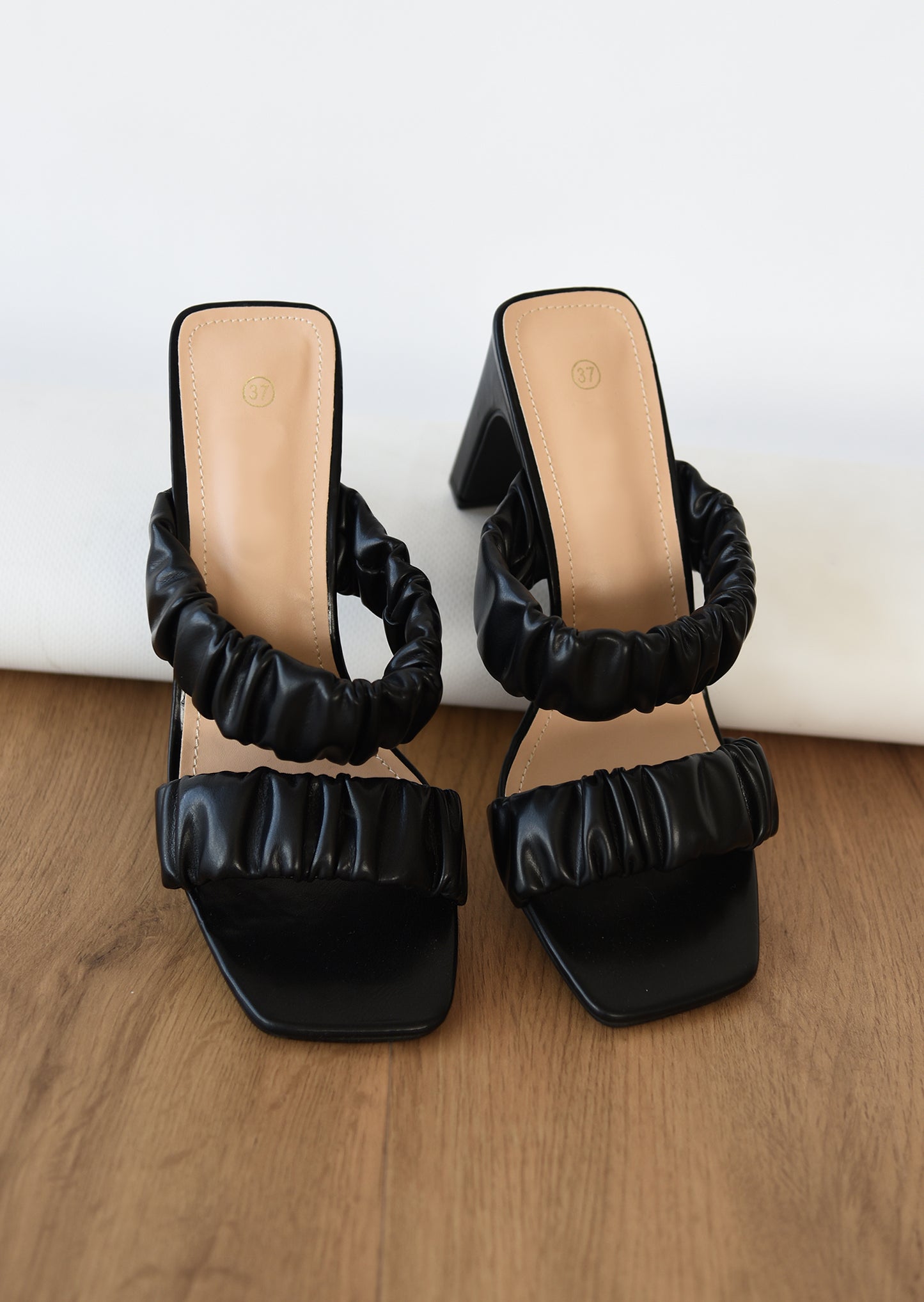 Square toe ruched heeled mules in black