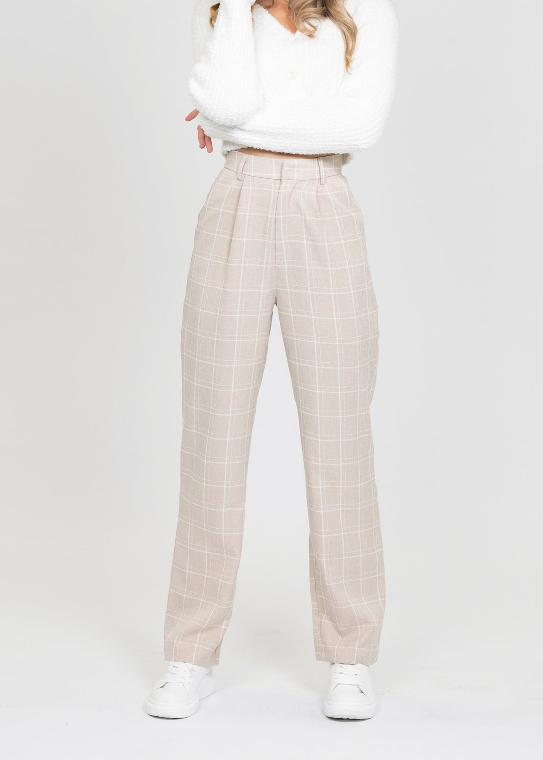 Check high waist trousers in beige