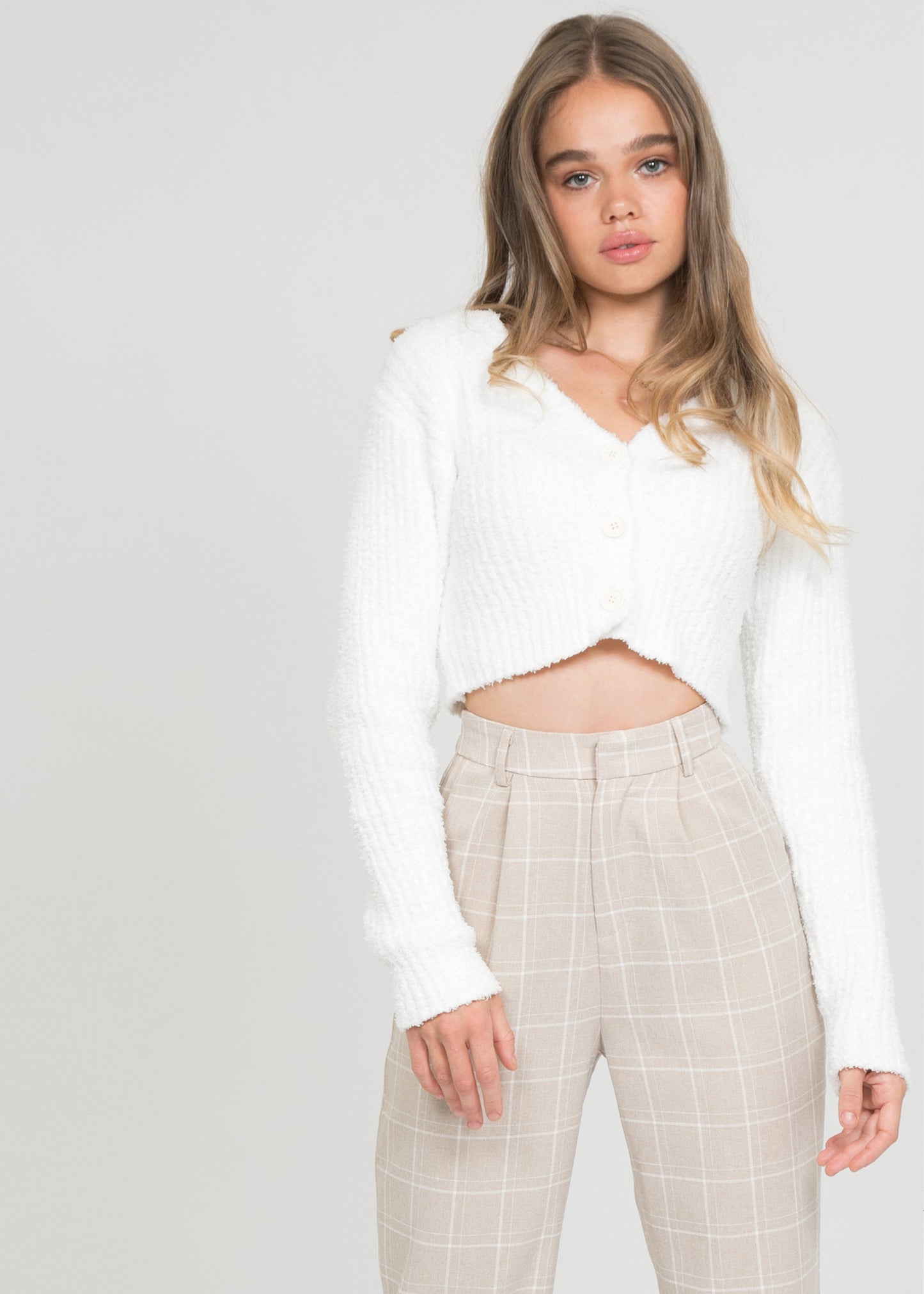 Check high waist trousers in beige