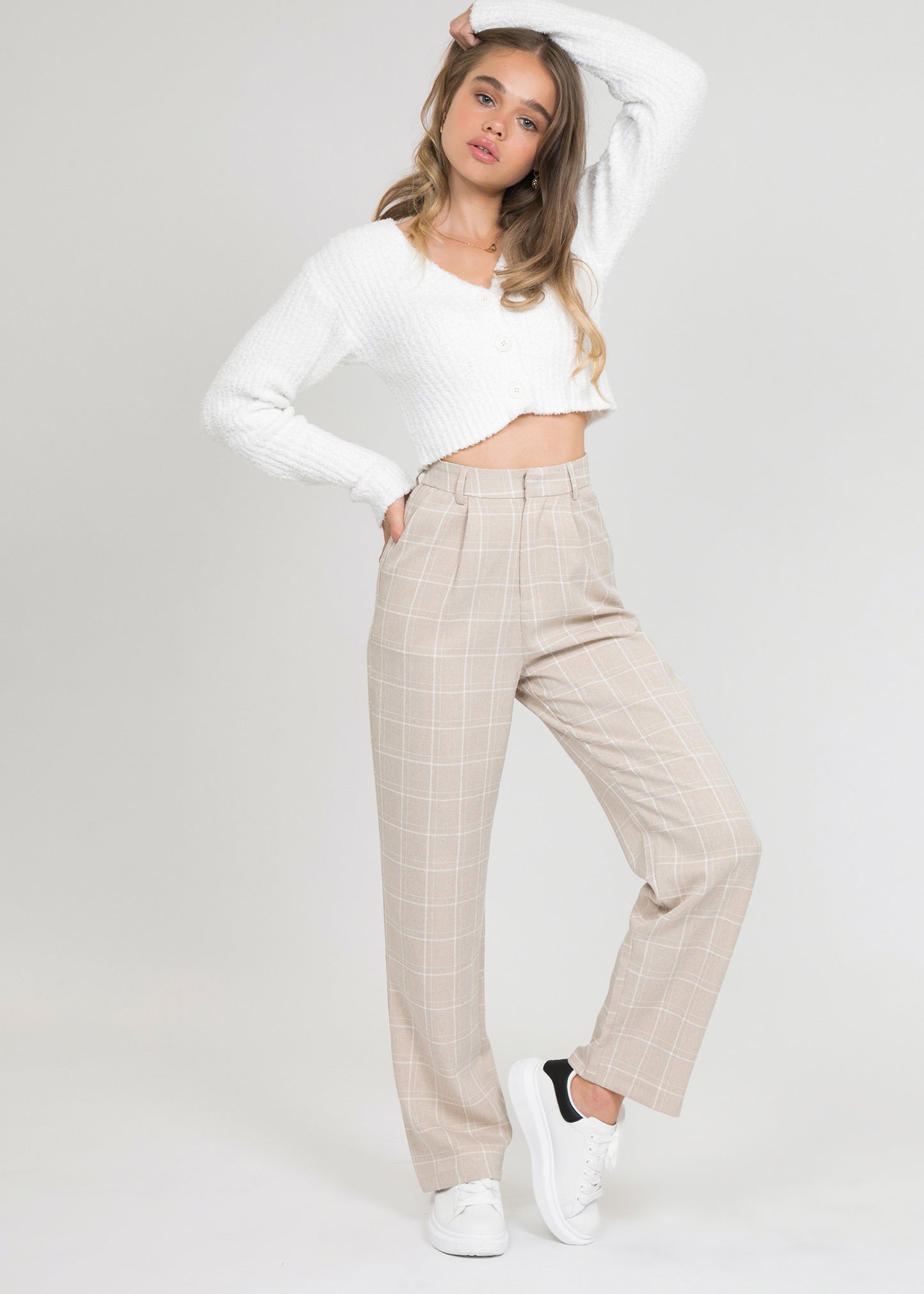 Check high waist trousers in beige