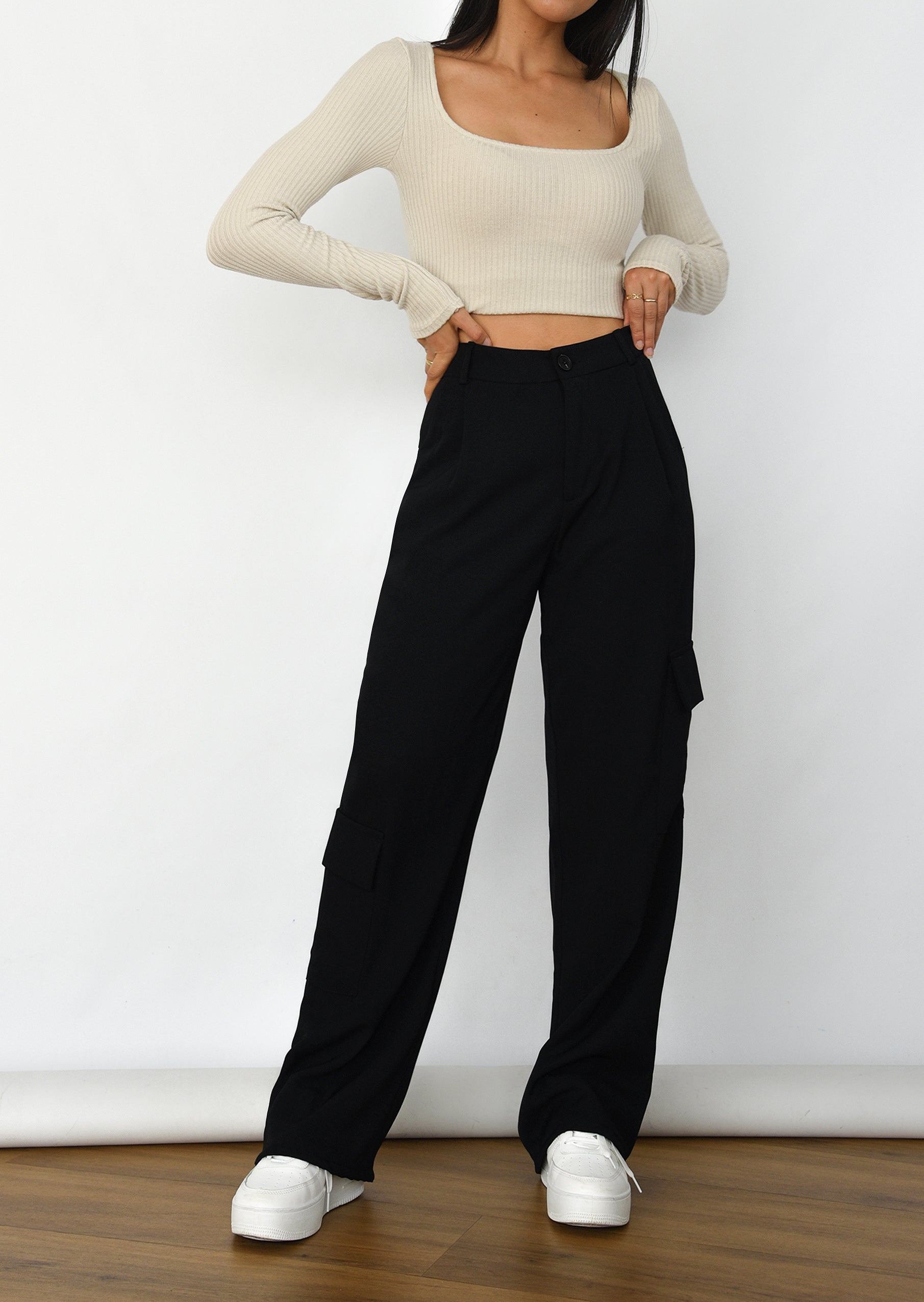 Black High Waisted Button Up Three Side Pocket Straight L... | Femme Luxe |  SilkFred US