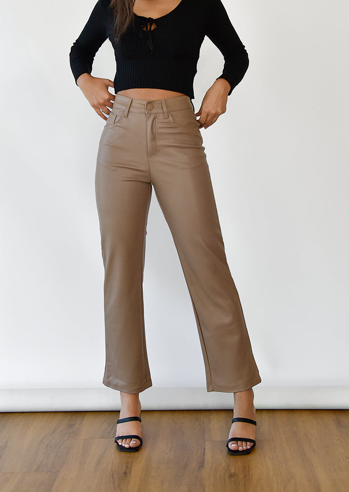 Leather look straight leg trousers in beige