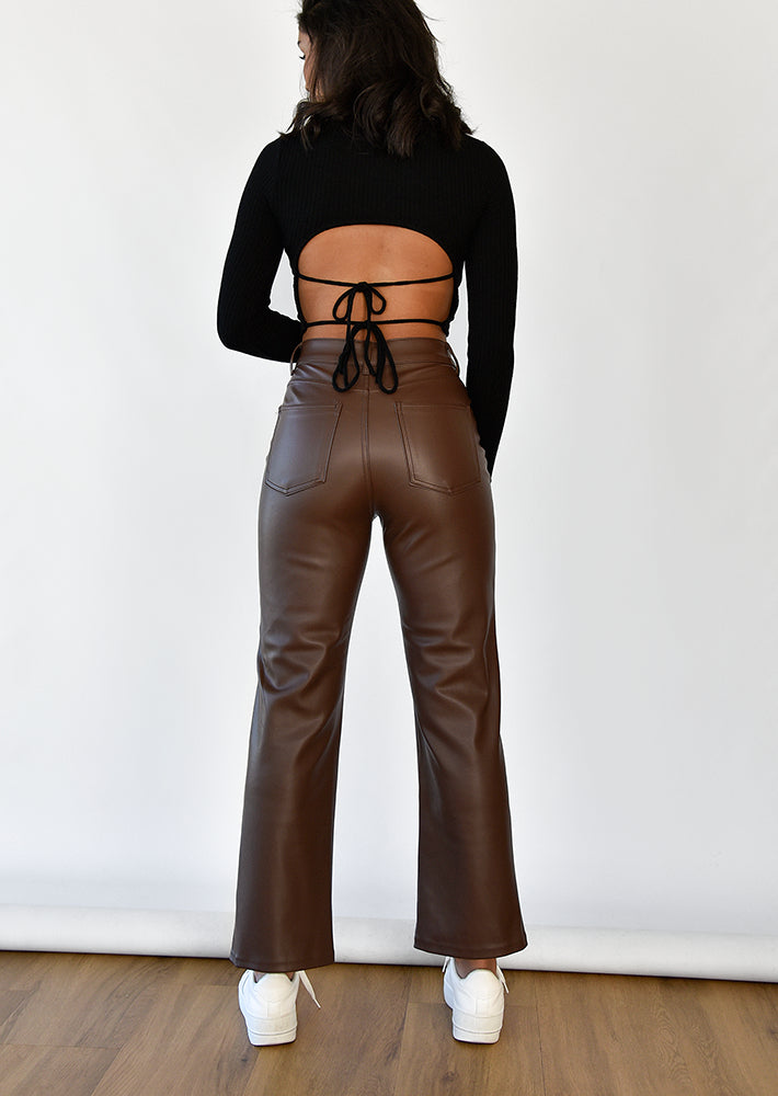 Leather look straight leg trousers in brown