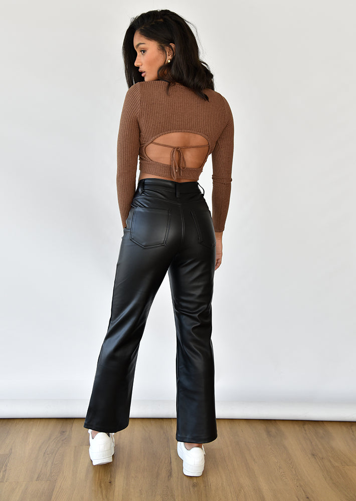 Leather look straight leg trousers in black