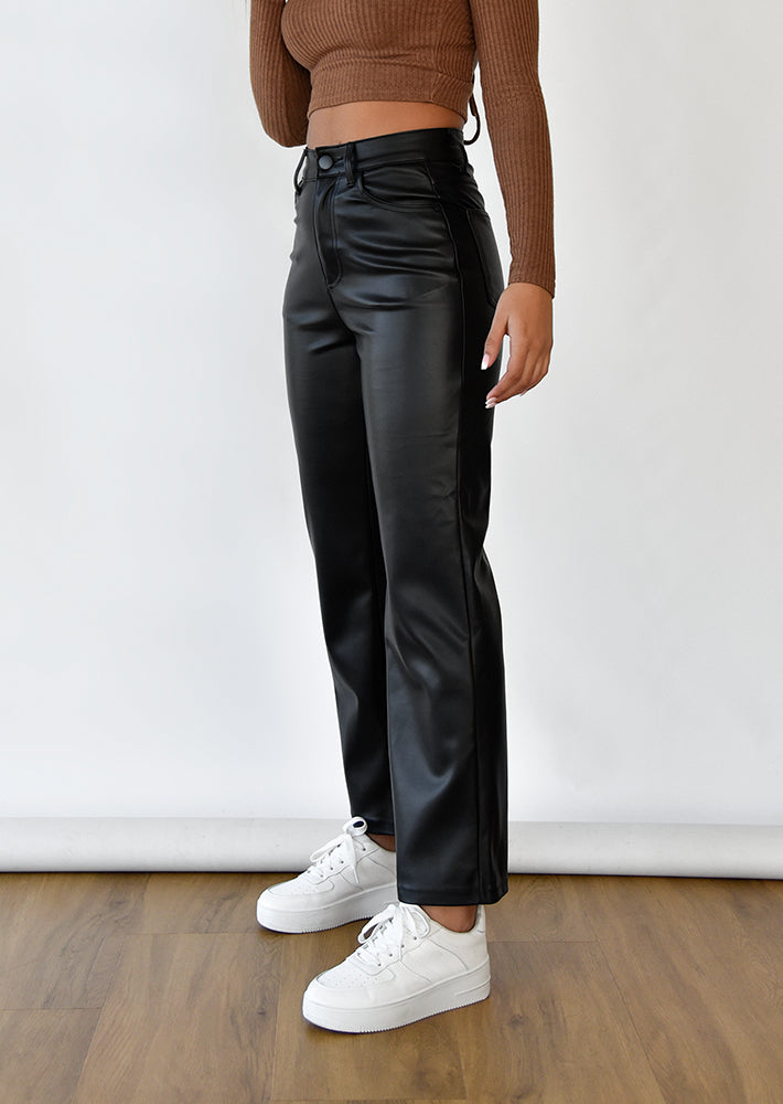 Leather look straight leg trousers in black