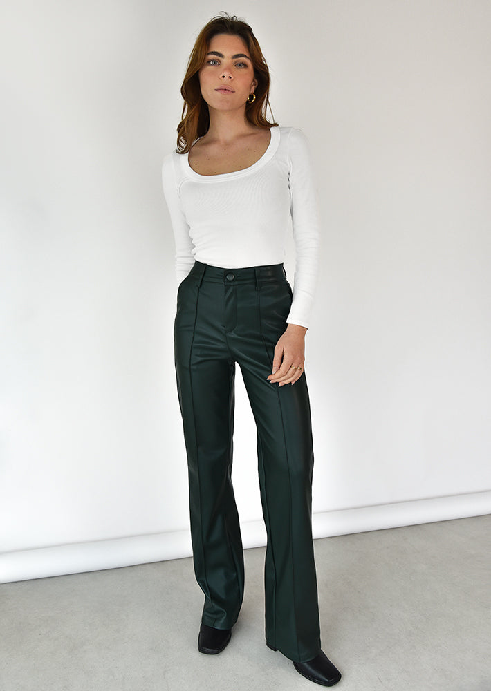 Faux leather straight leg pants in dark green