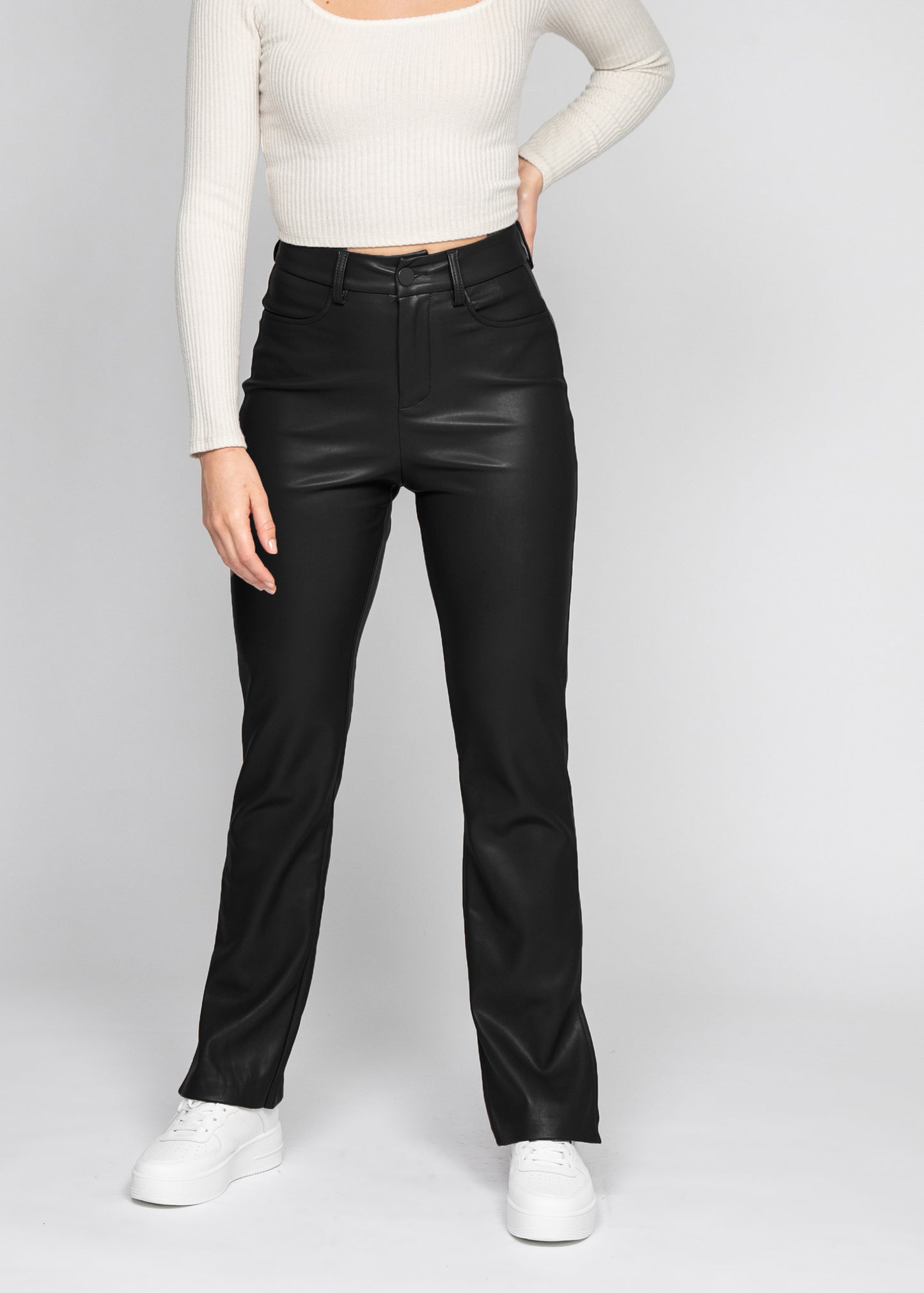 Faux leather trousers with side split in black