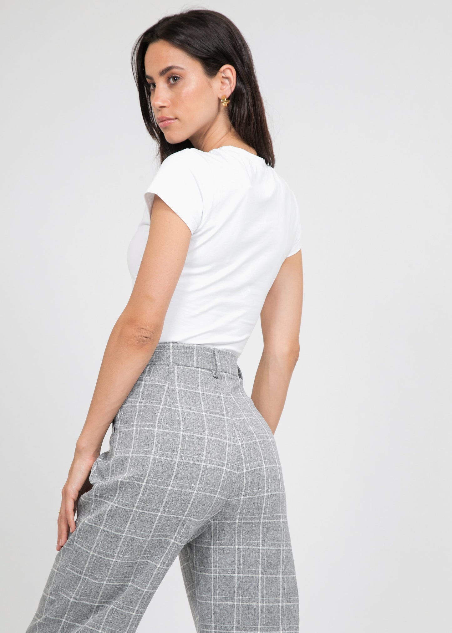 Check high waist trousers in grey