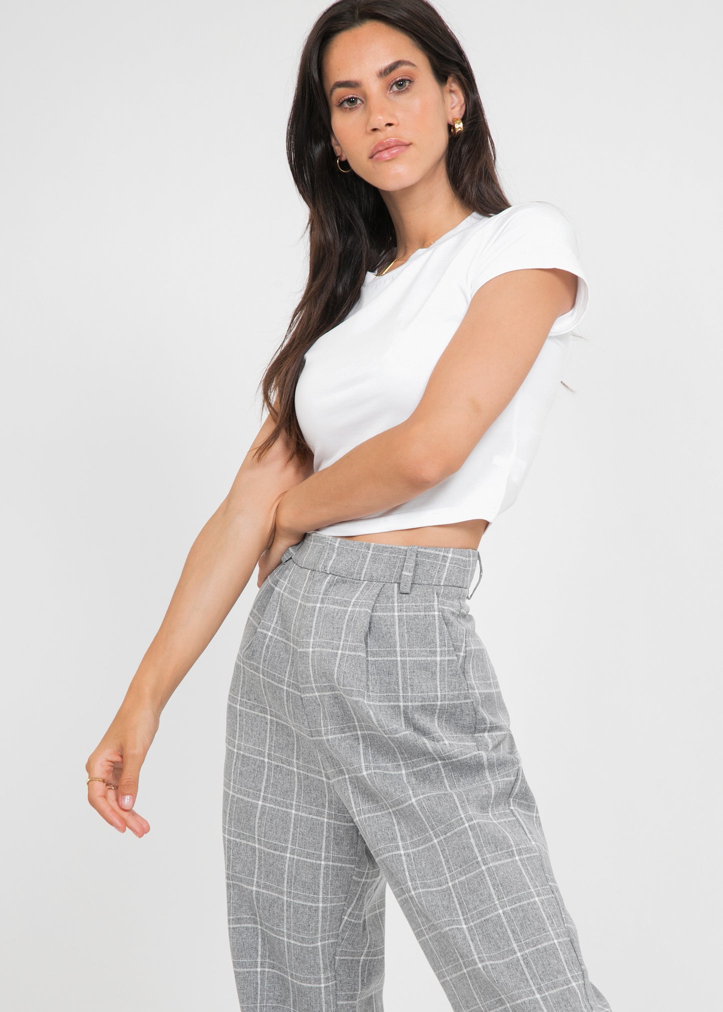 Check high waist trousers in grey