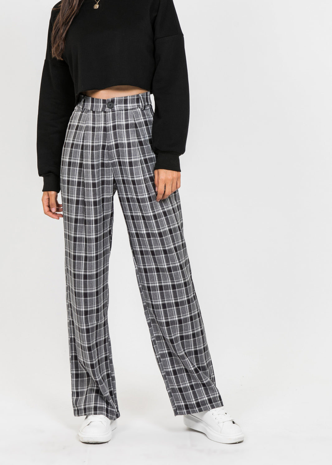 Wide leg check trousers in black