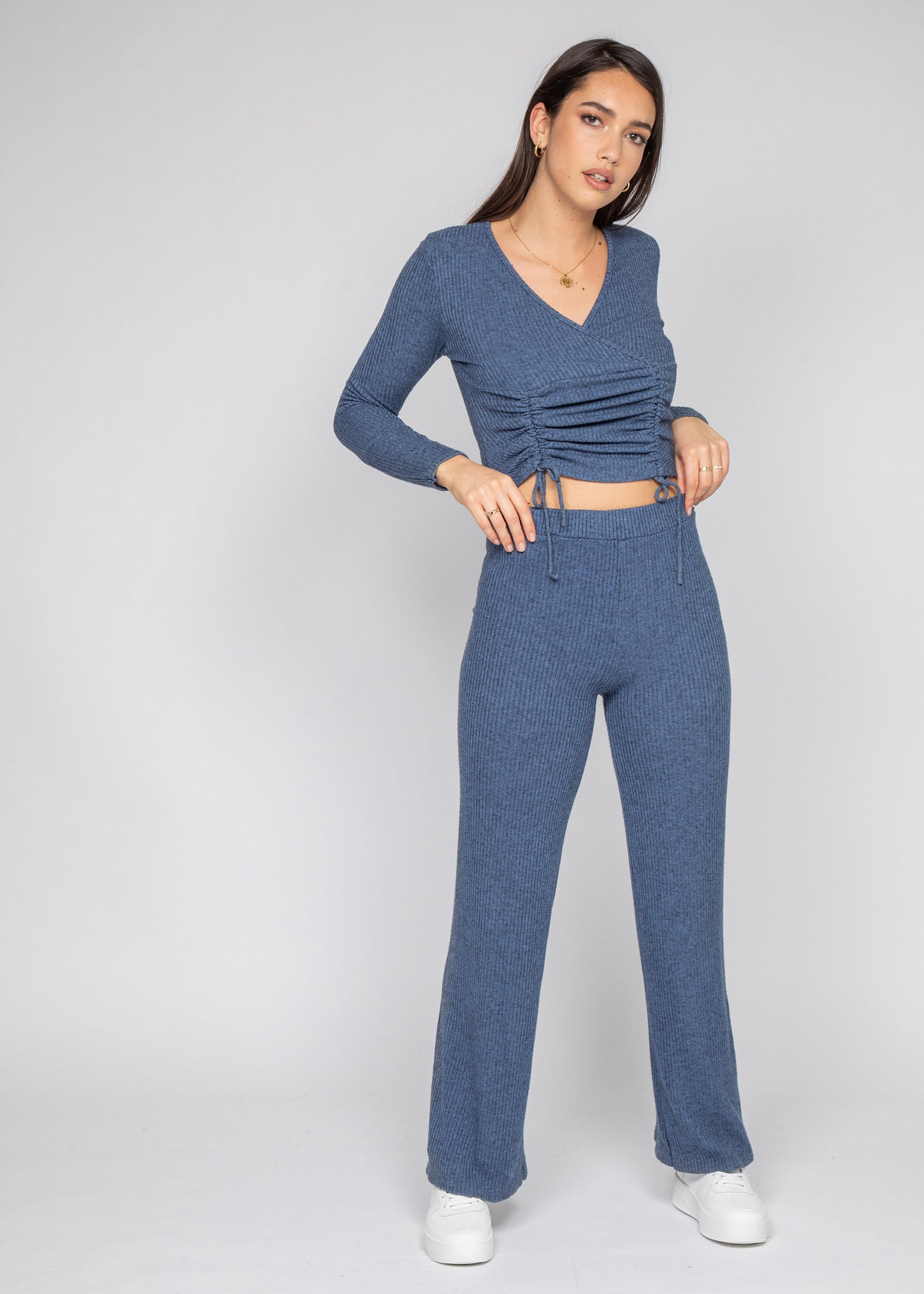 Ribbed wide leg trouser in blue