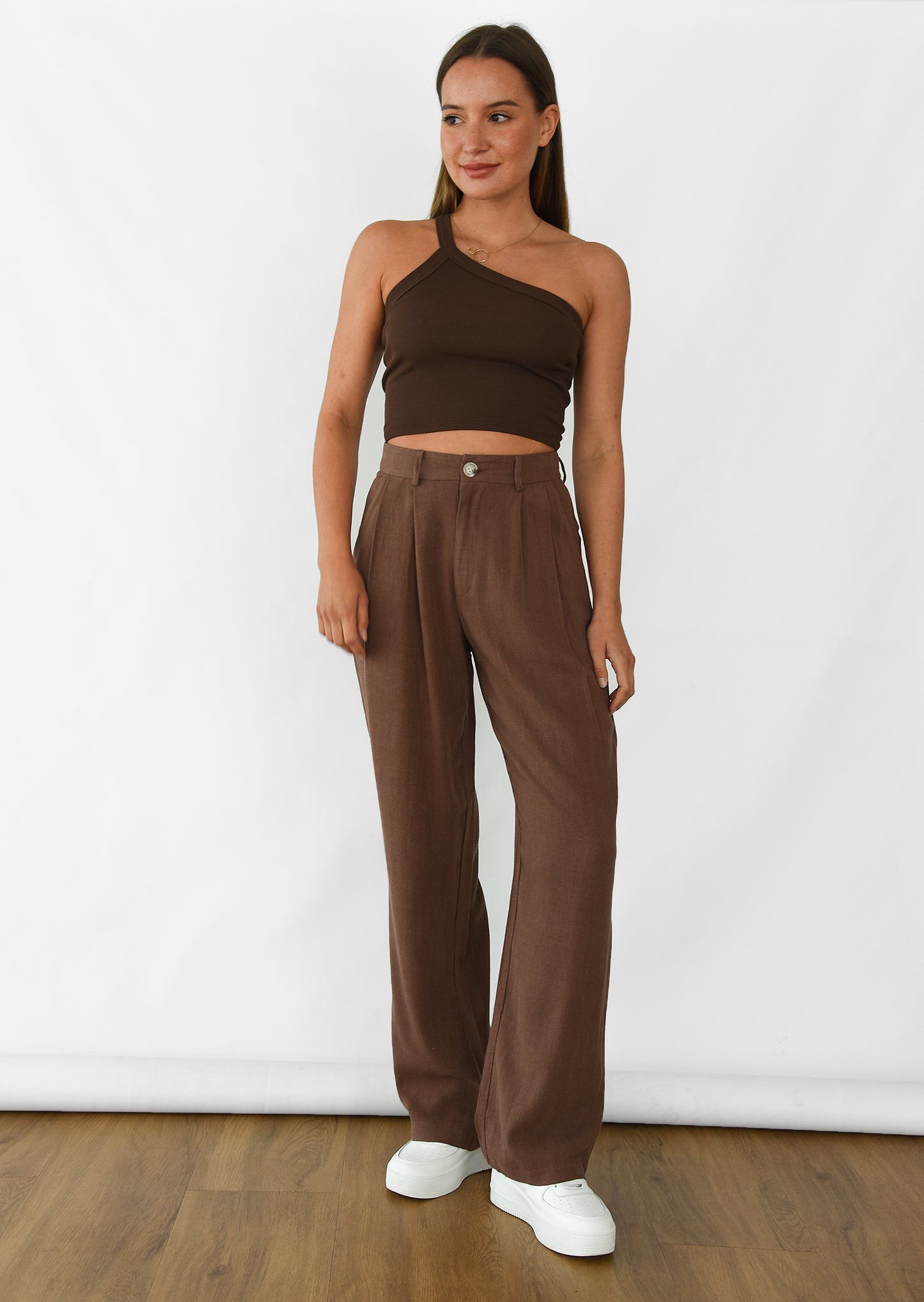 Linen wide leg trouser in brown