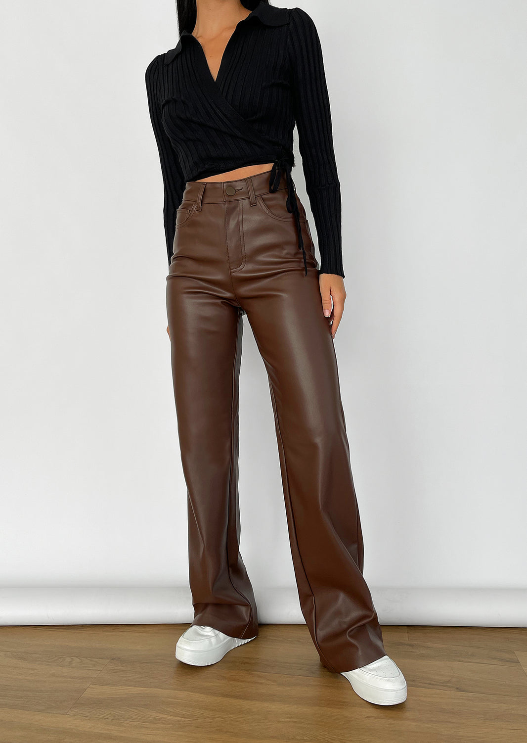 Faux leather wide leg trousers in brown