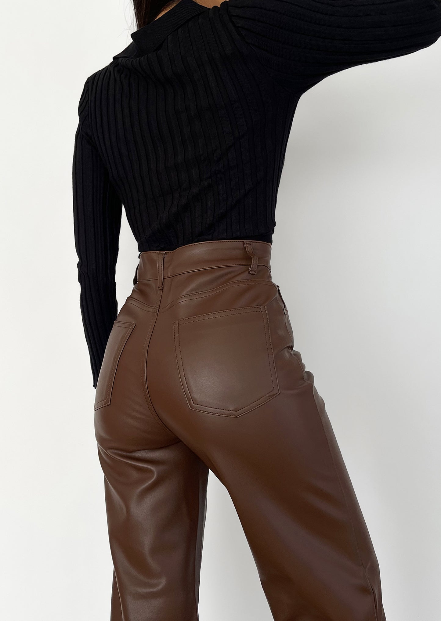 Faux leather wide leg trousers in brown