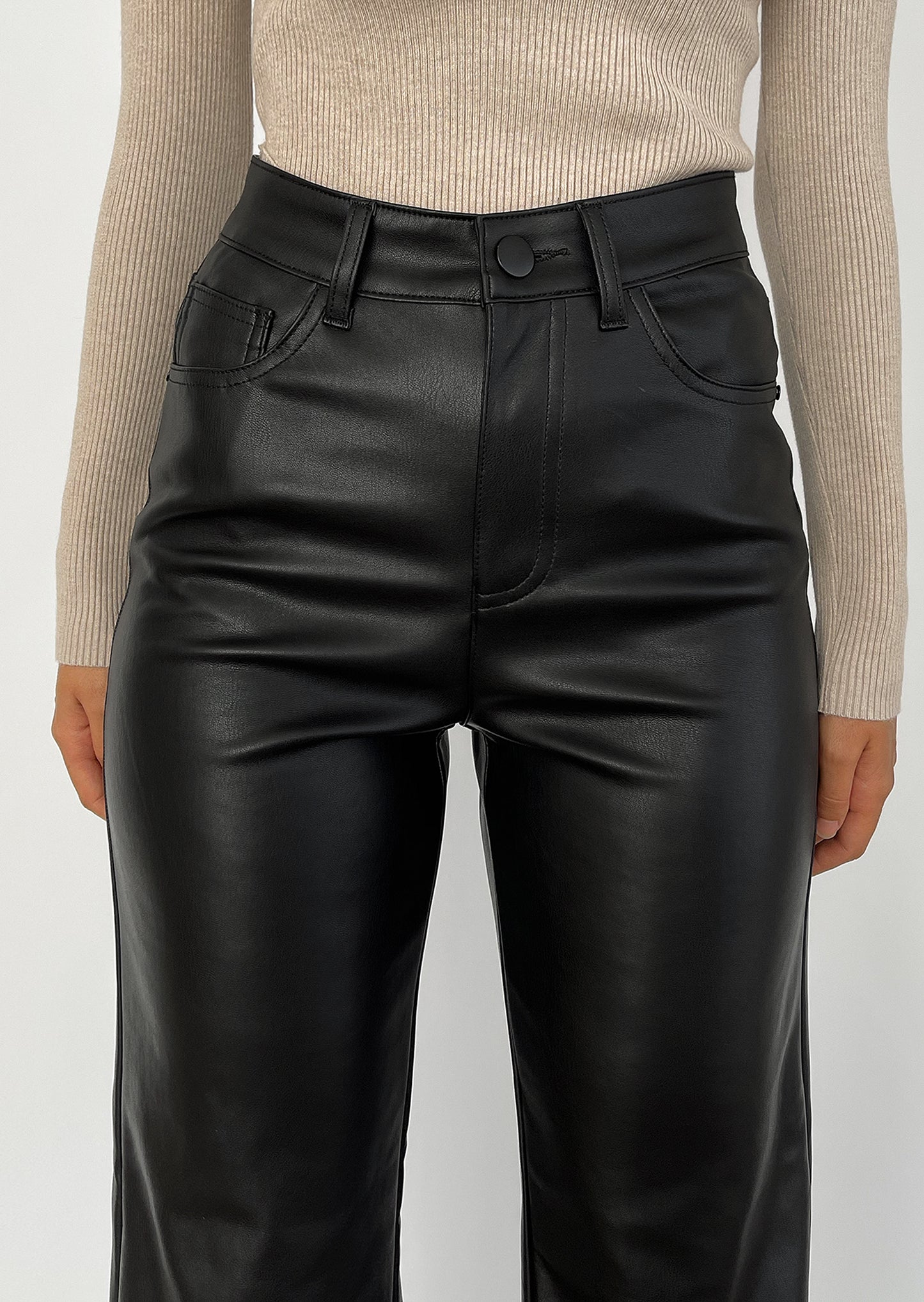 Faux leather wide leg trousers in black
