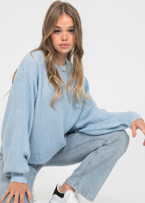 Jersey con cuello redondo y manga de globo en azul