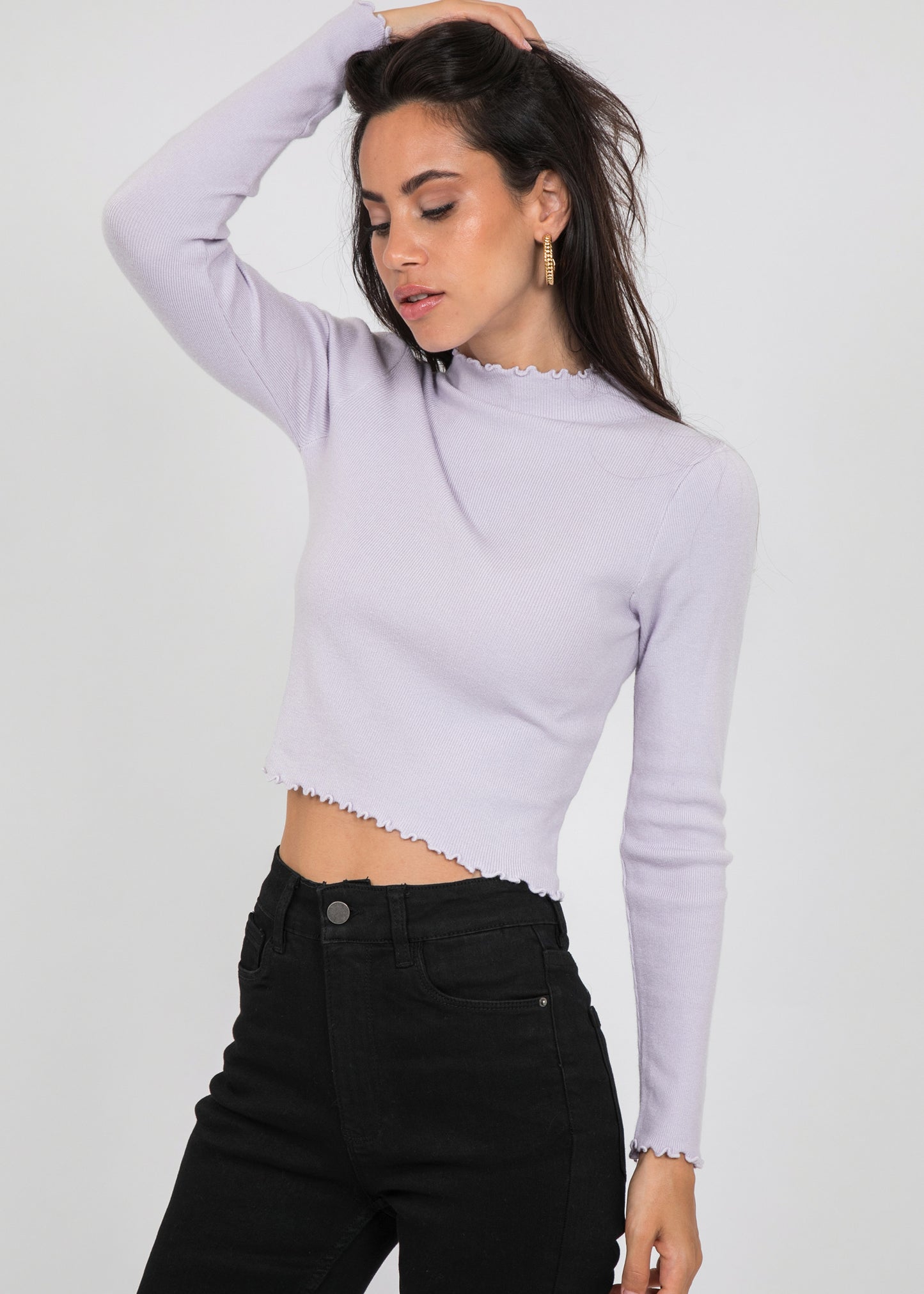 High neck jumper with ruffle hem in lilac
