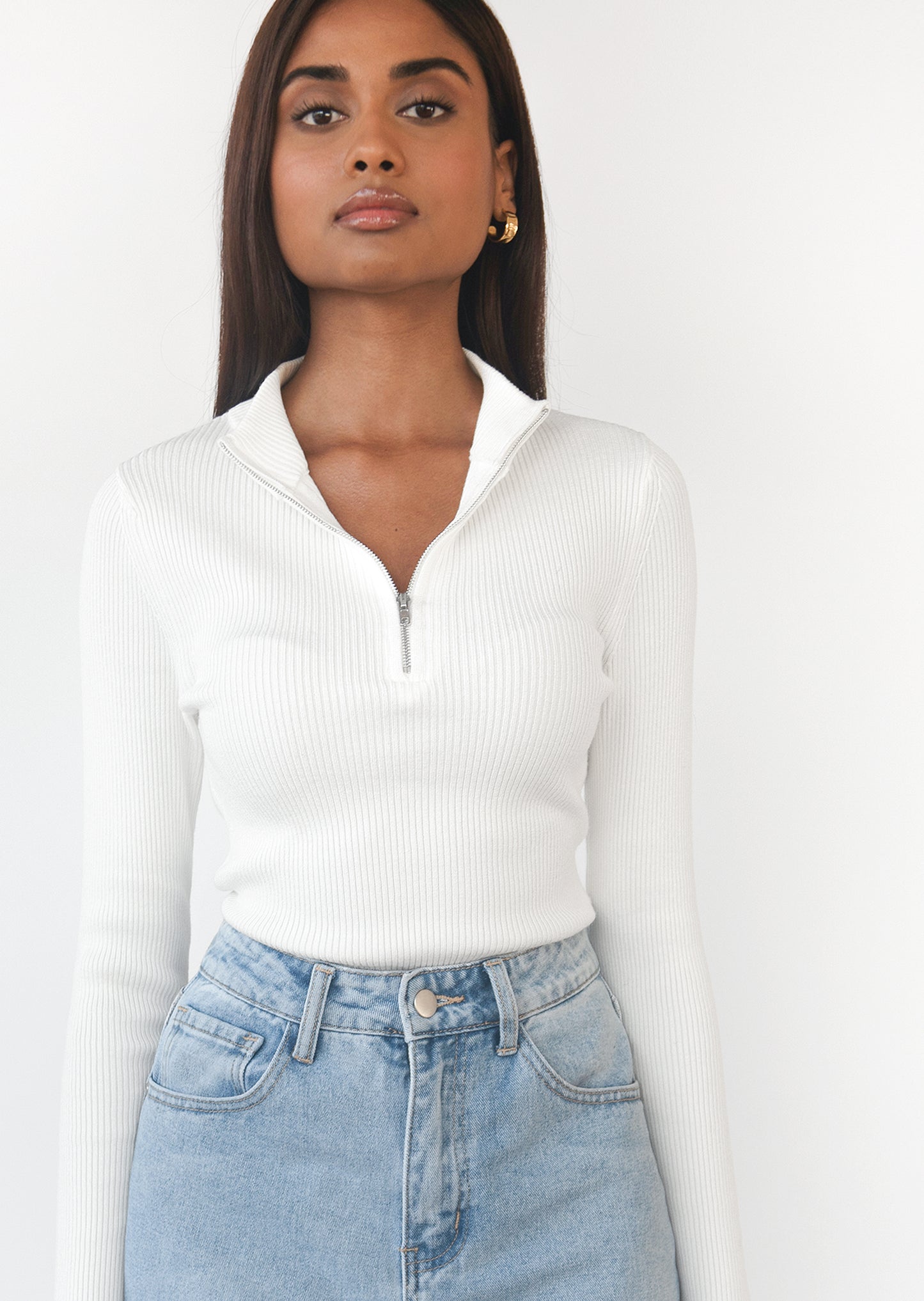 Ribbed half zip jumper in white