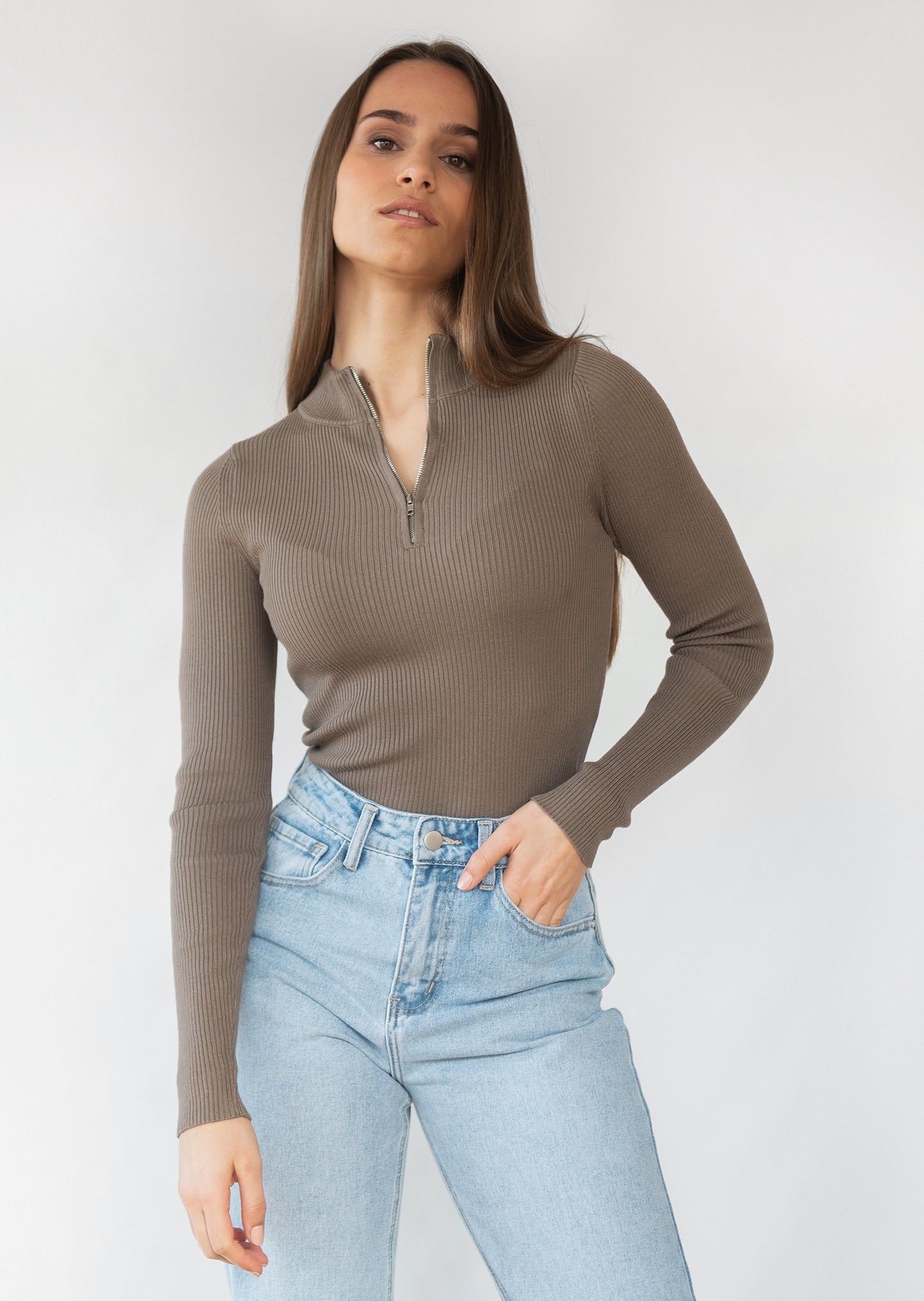 Ribbed half zip jumper in taupe