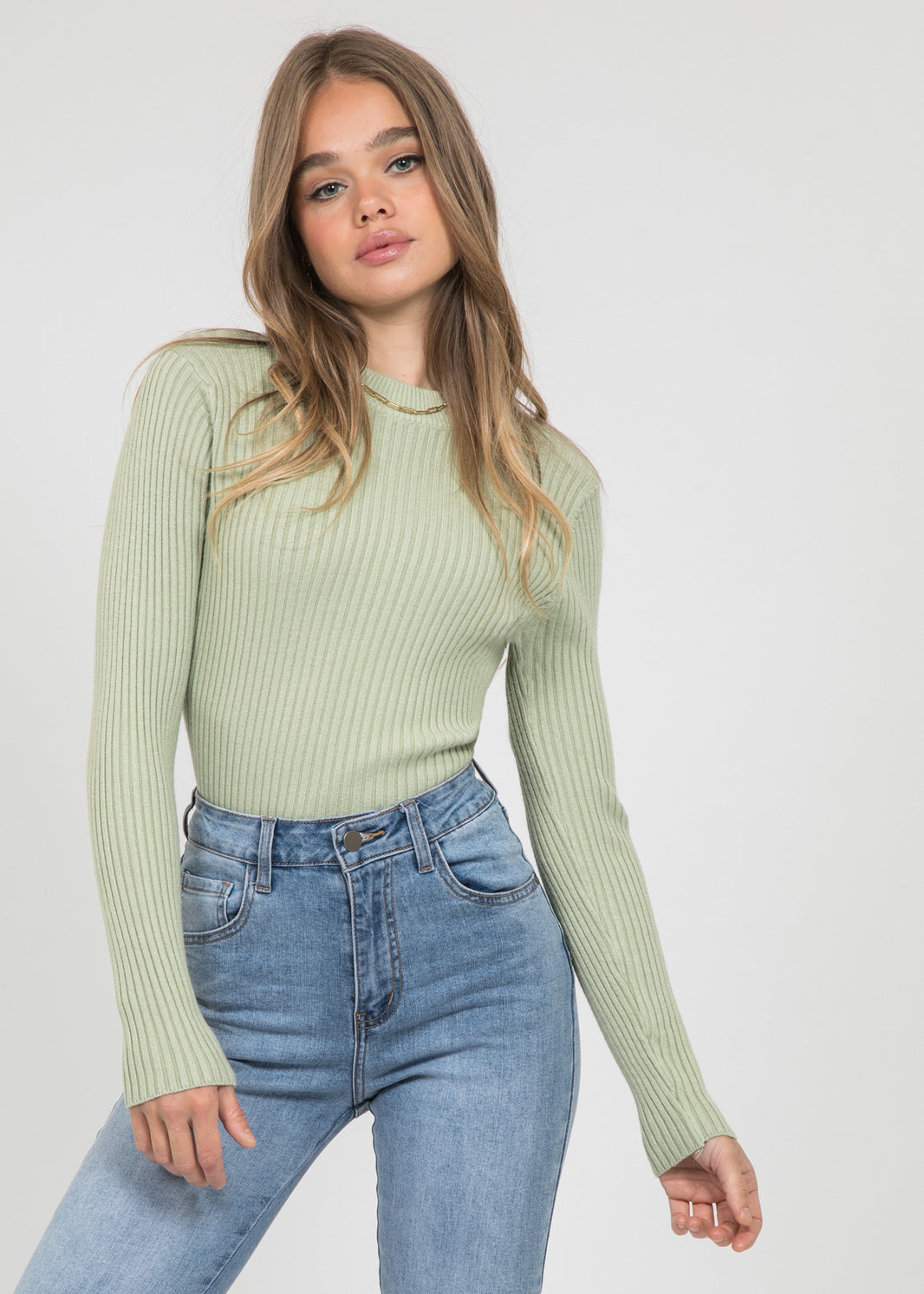 Crew neck ribbed jumper in green