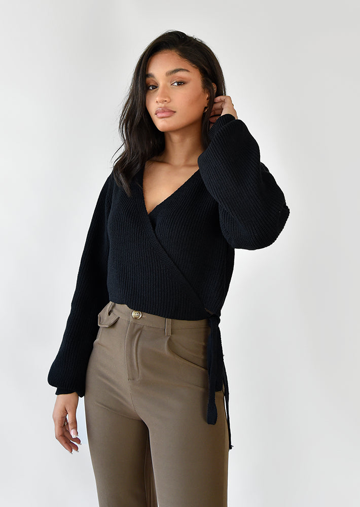 Wrap knitted jumper with balloon sleeves in black