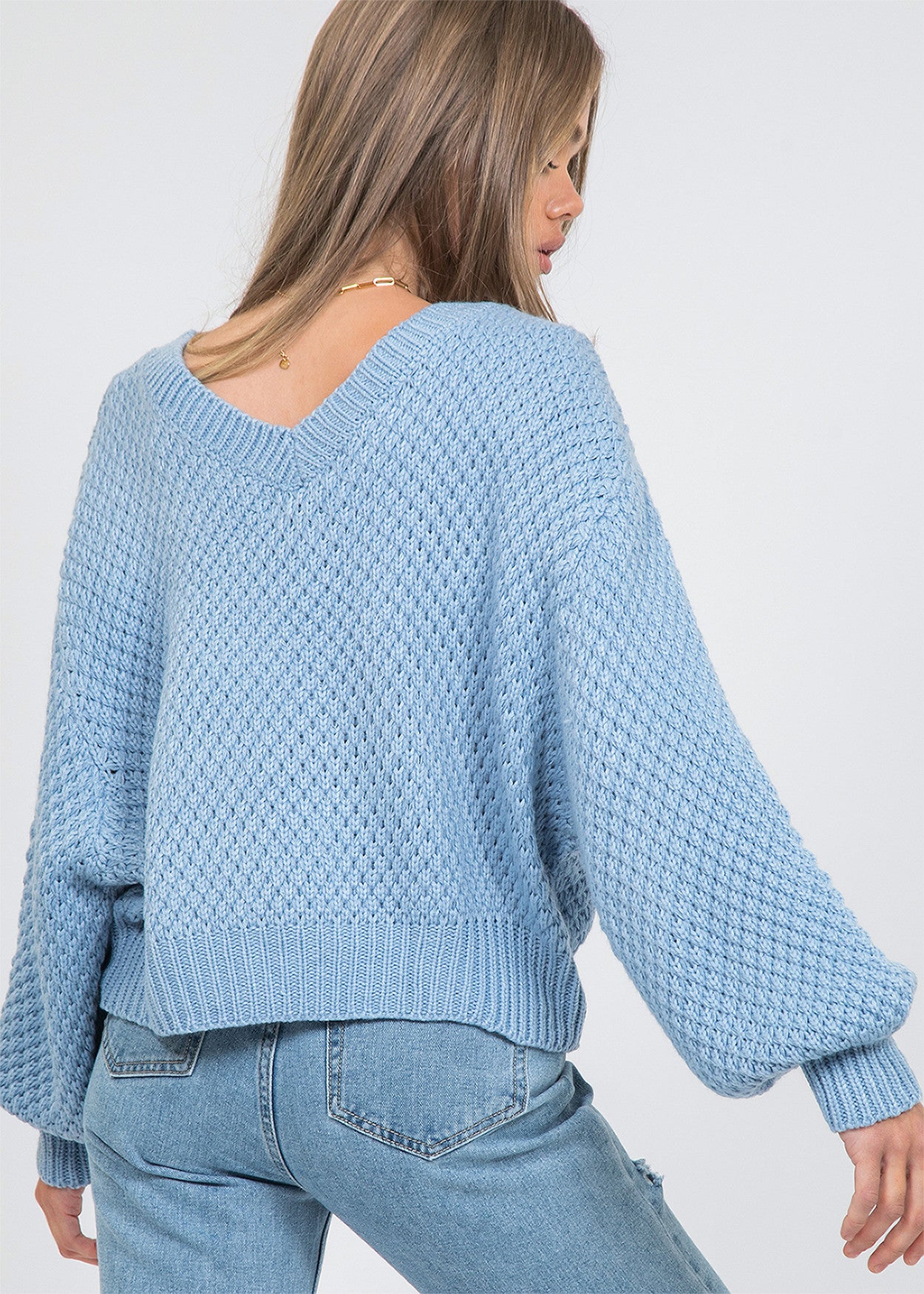 Chunky cable knit v neck jumper in blue