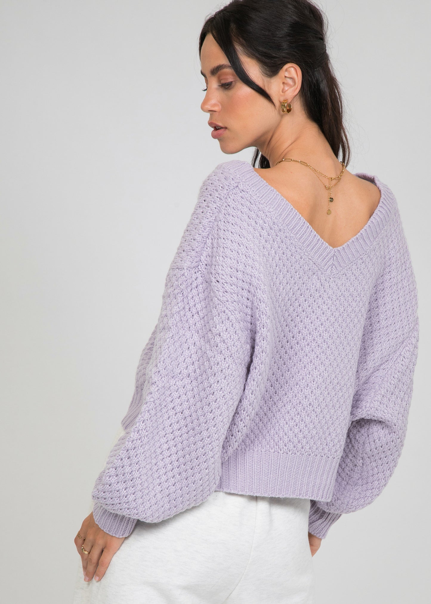 Chunky cable knit v neck jumper in lilac