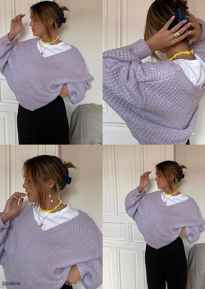 Chunky cable knit v neck jumper in lilac