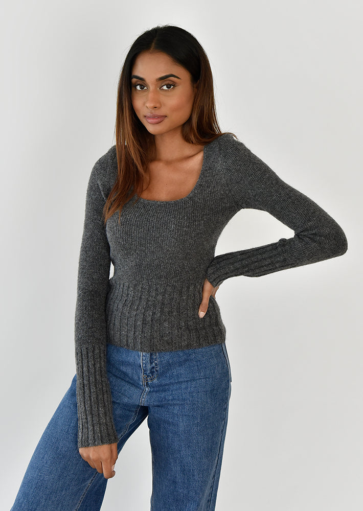 Square neck rib knit jumper