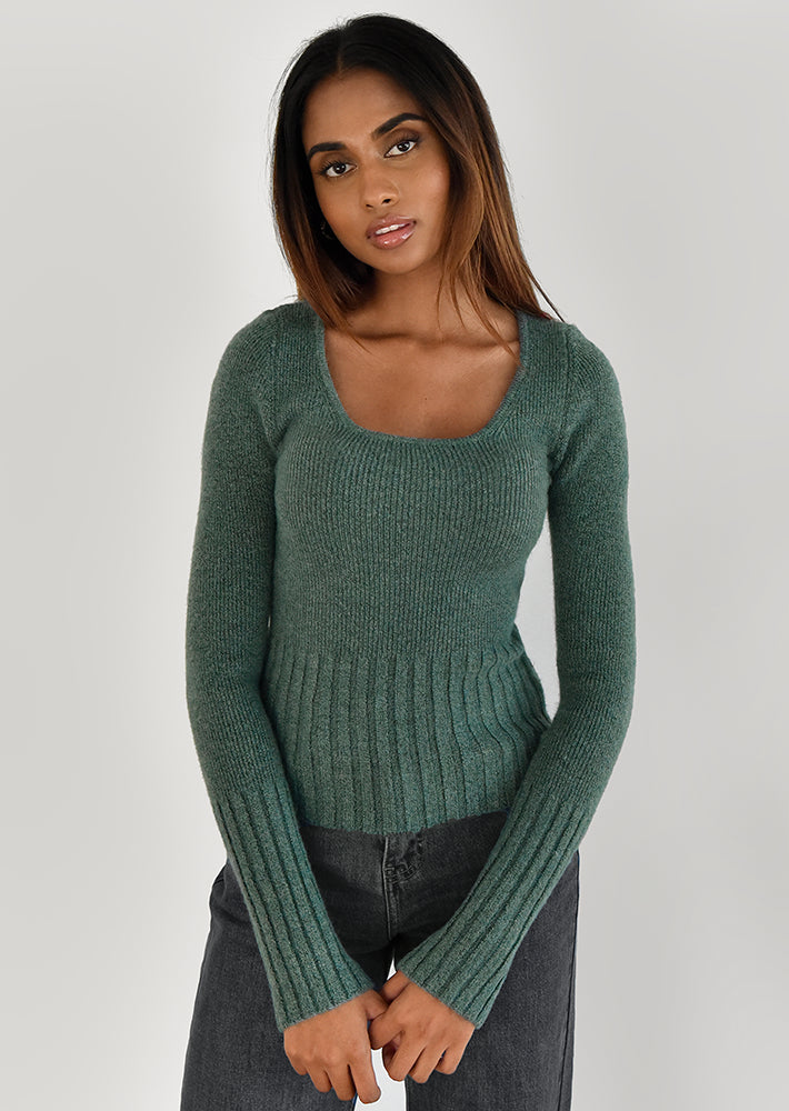 Square neck rib knit jumper