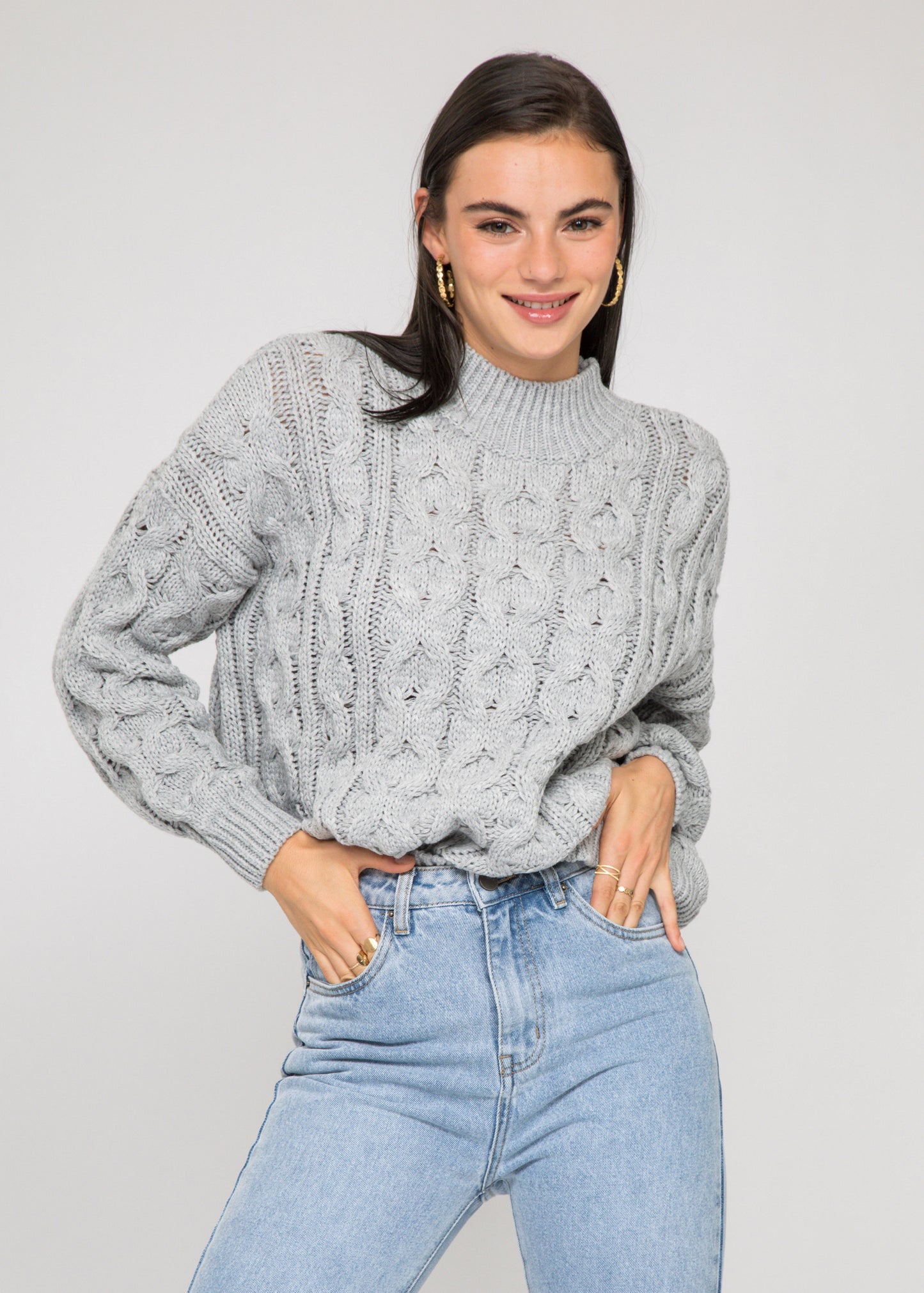 Cable knit high neck jumper in grey