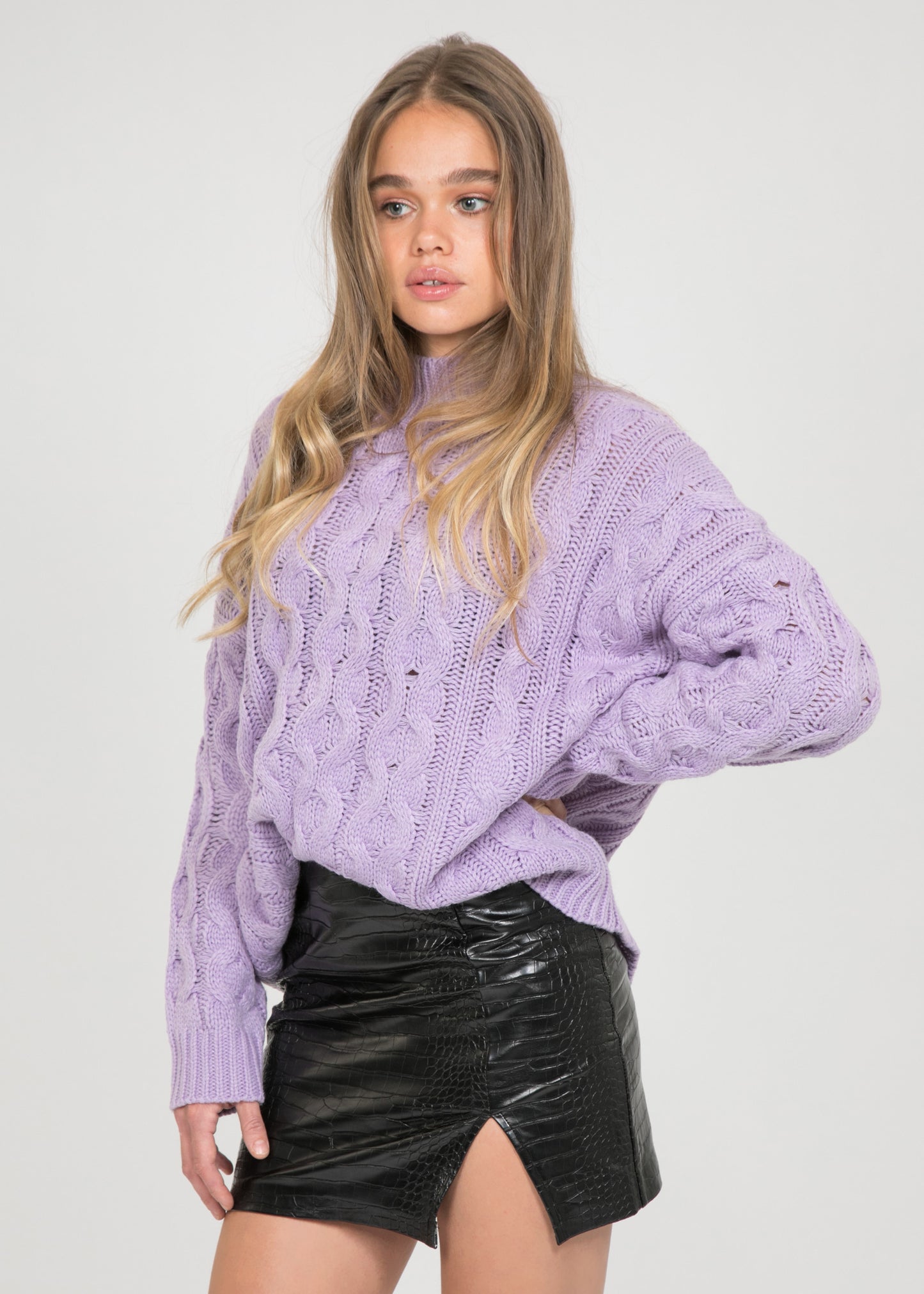 Cable knit high neck jumper in lilac