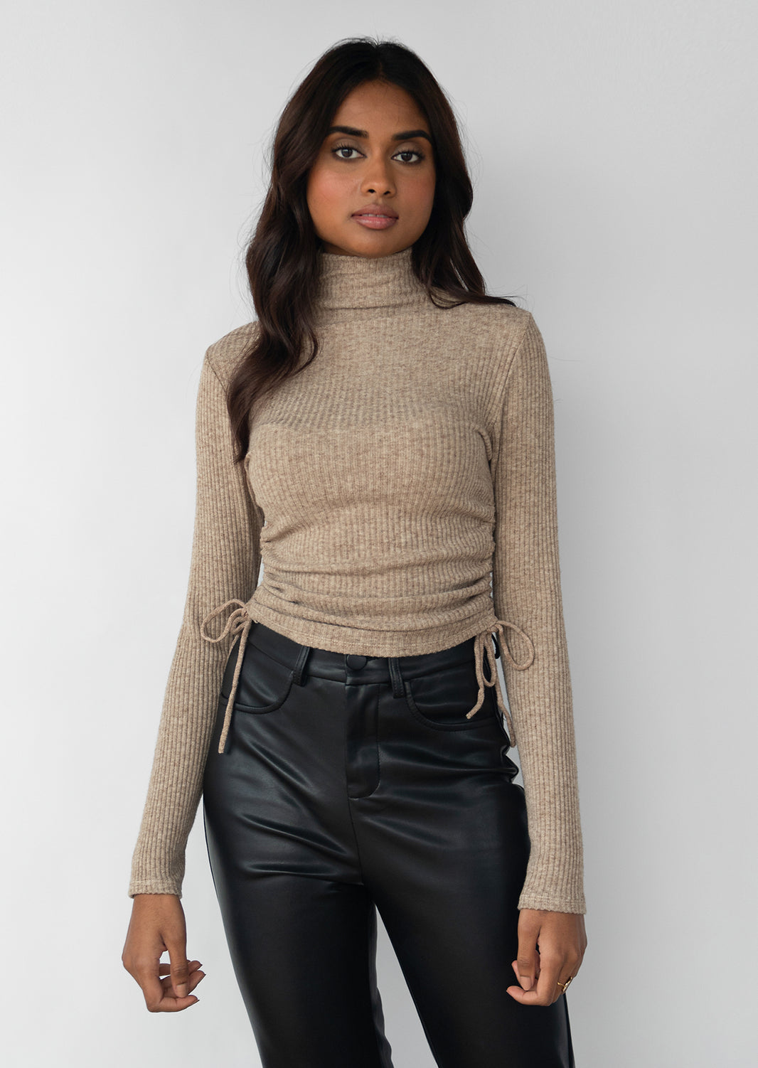 High neck jumper with ruched side detail in camel