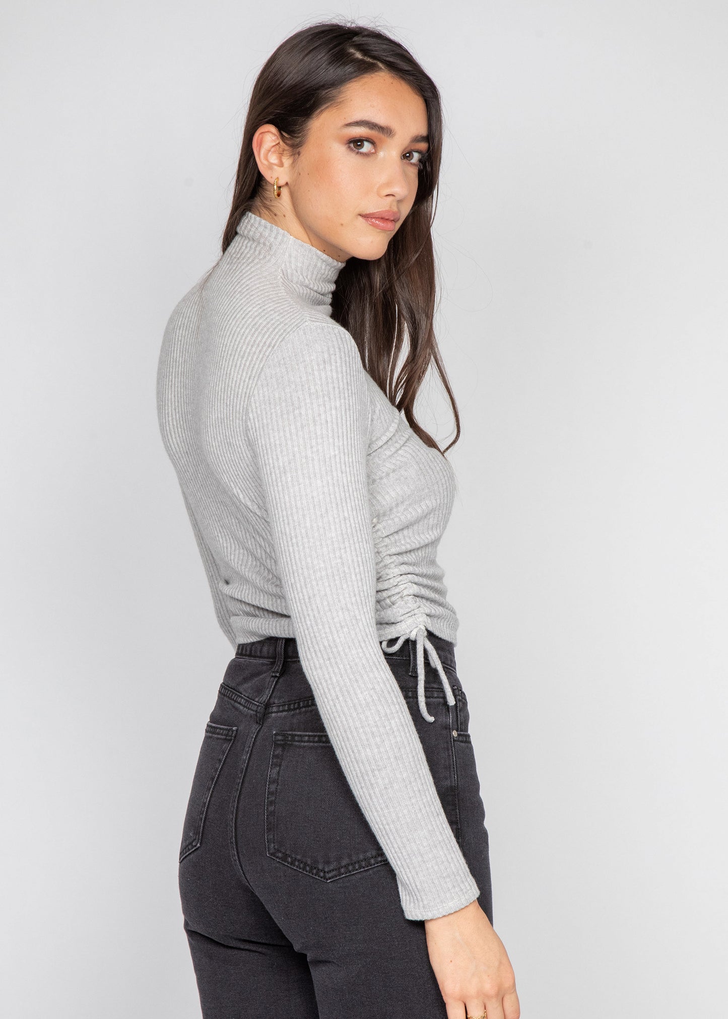 High neck jumper with ruched side detail in grey