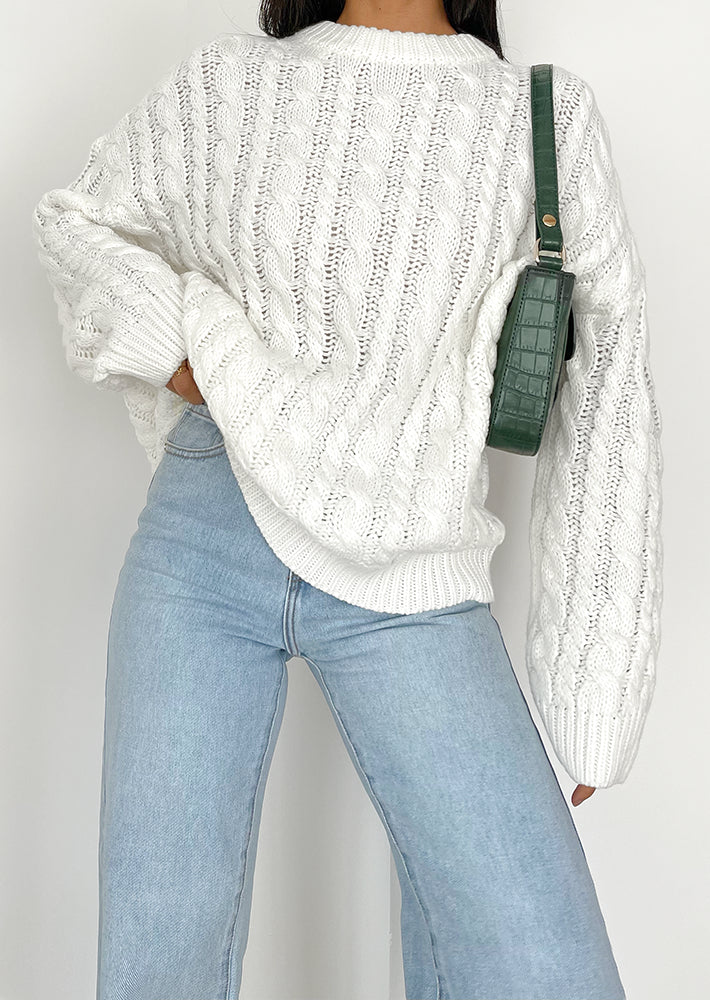 Cable knit round neck jumper in white