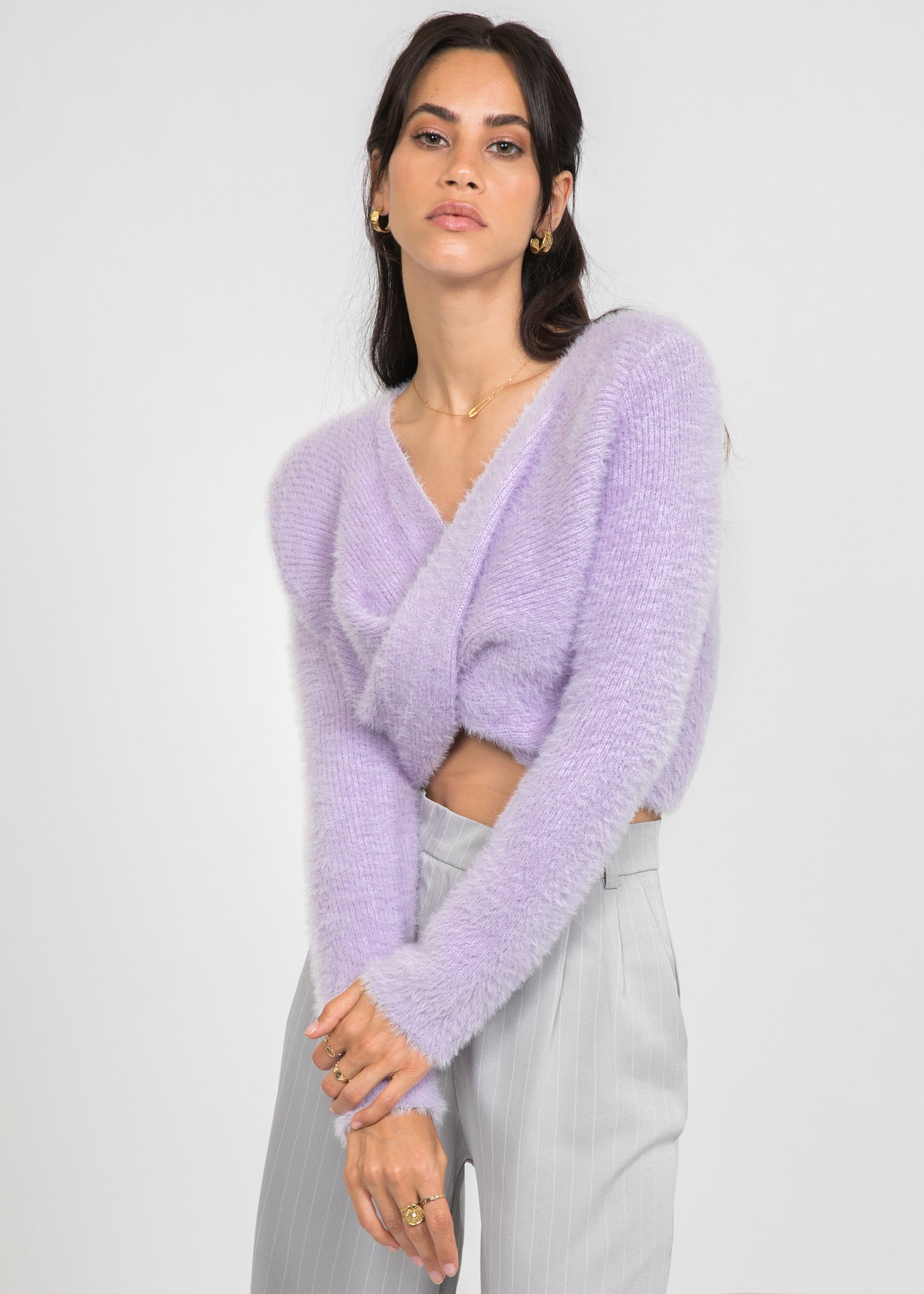 Fluffy drape front jumper in lilac