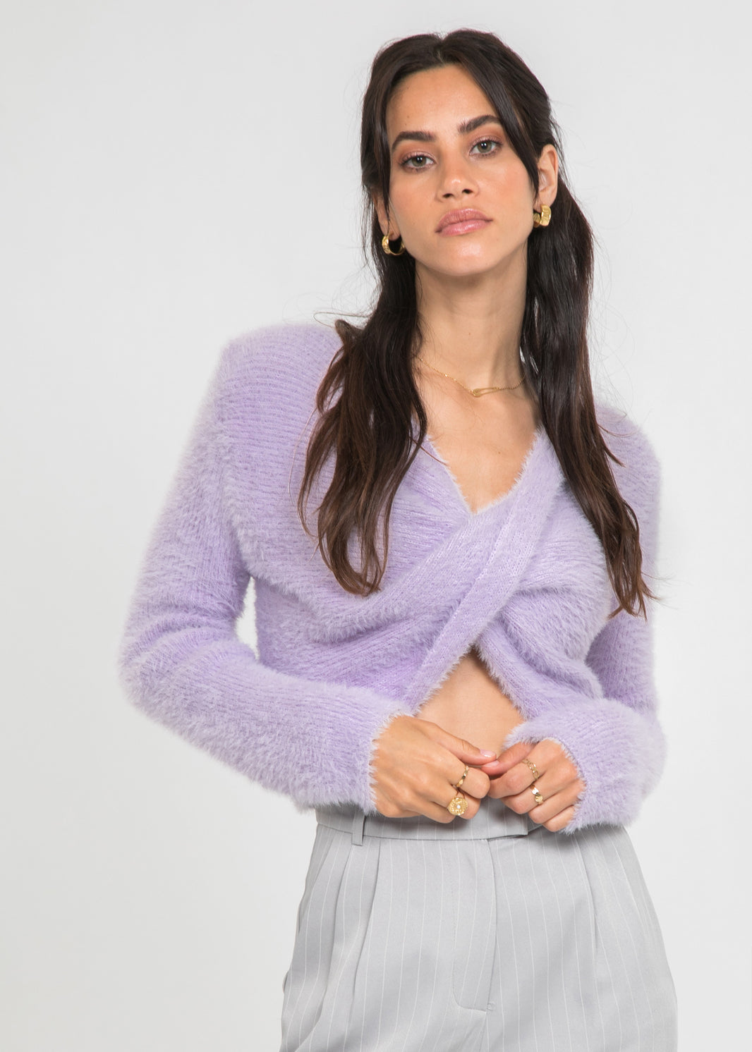 Pull duveteux drapé lilas