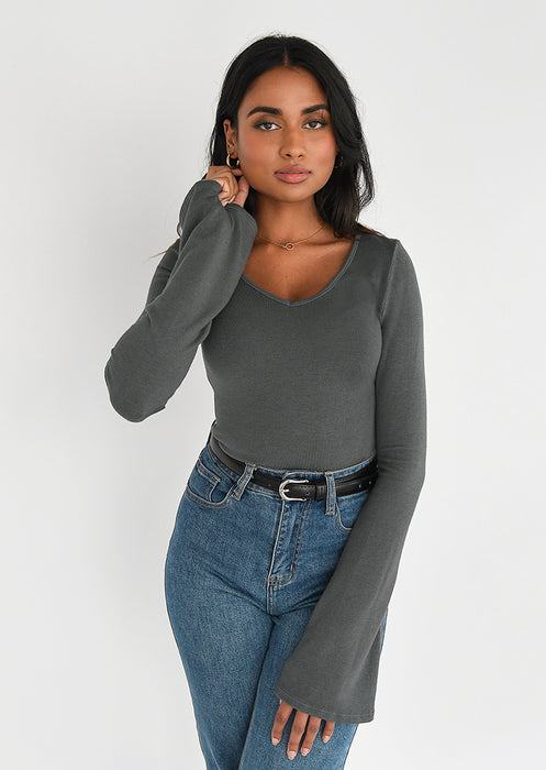 Pull avec col en V gris foncé femme