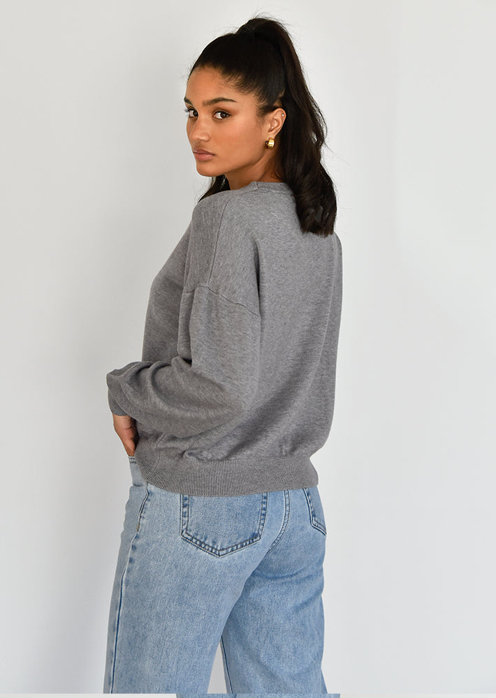 Pull oversize col rond en maille gris