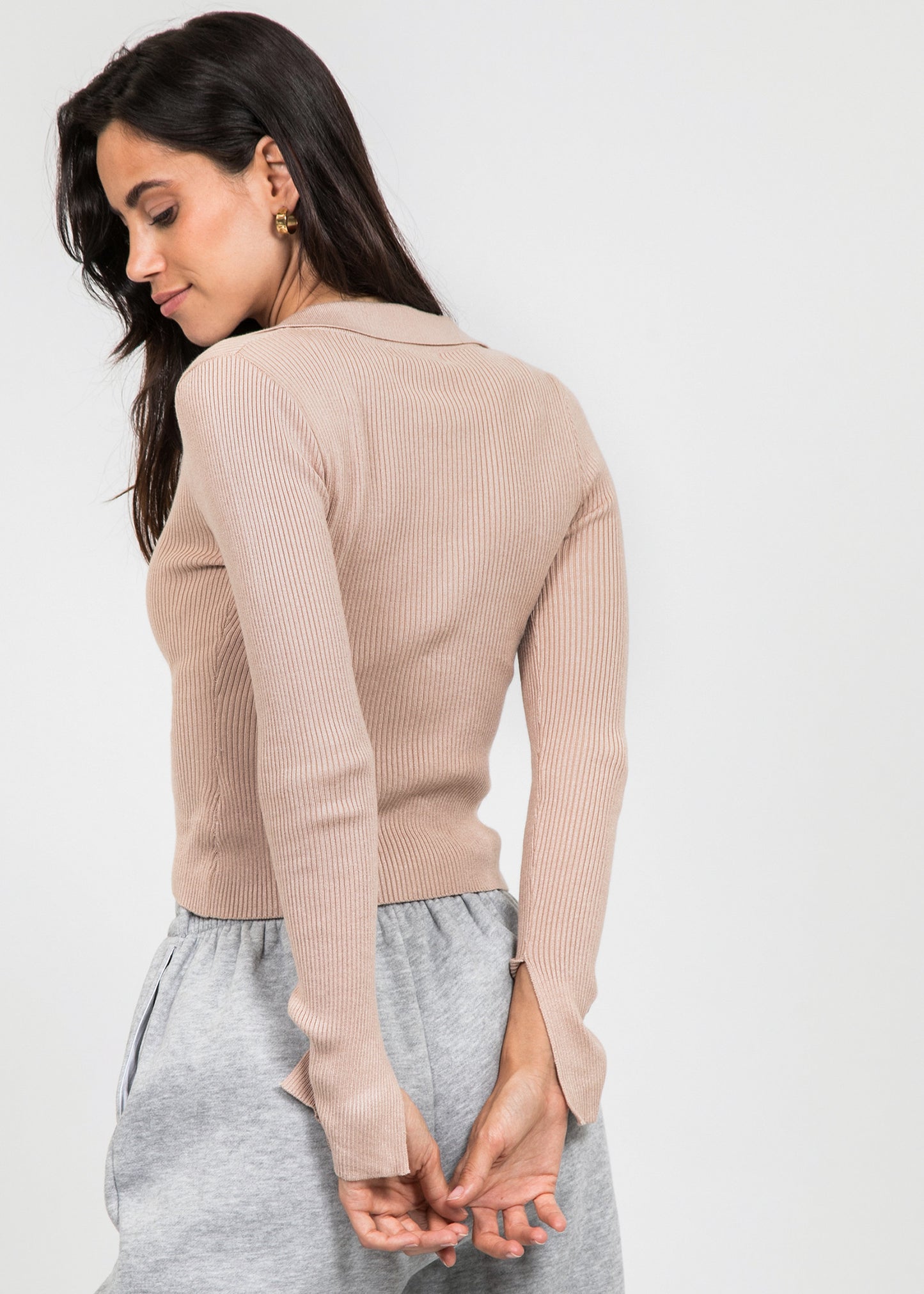 Zip front top with collar in beige