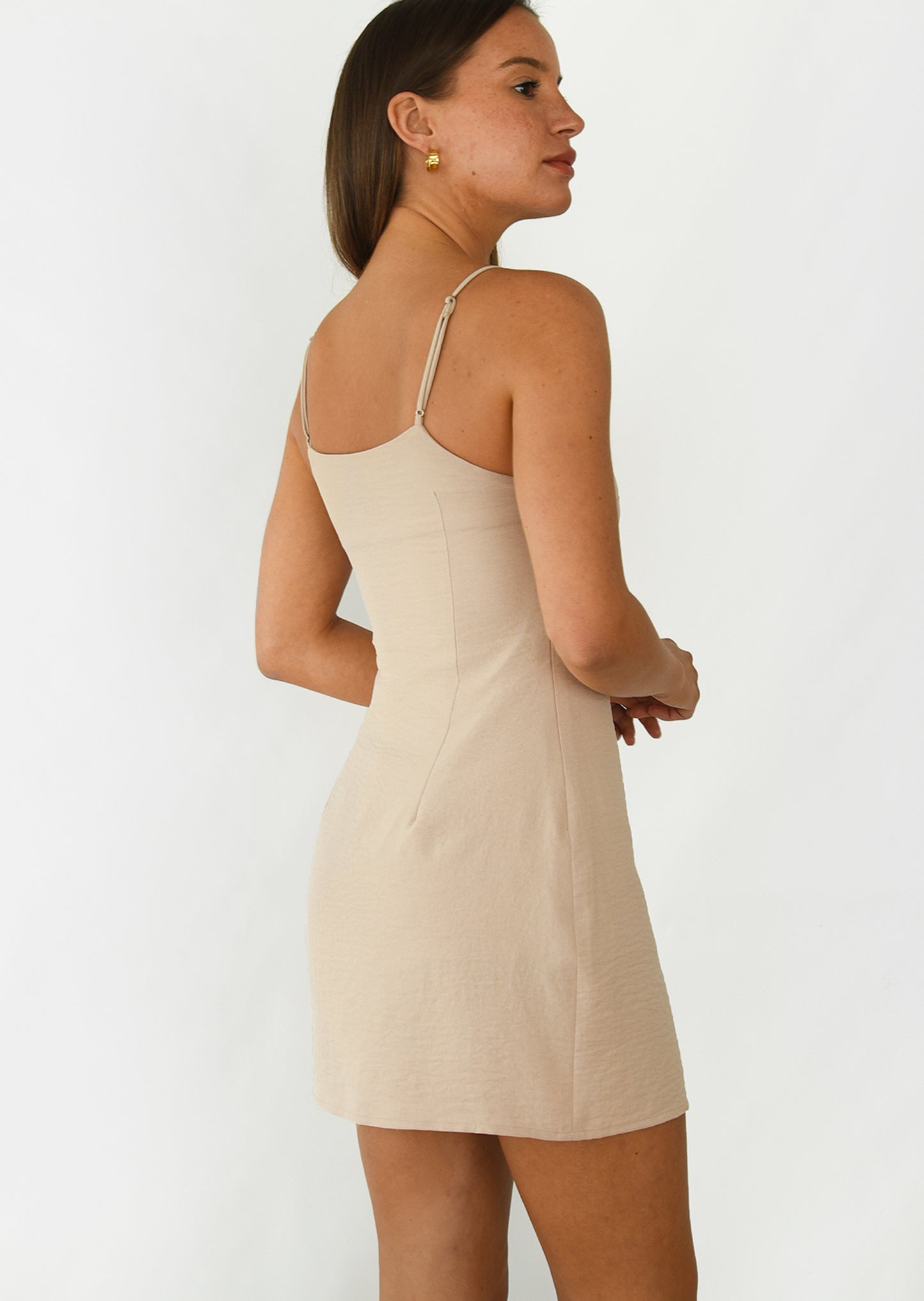 Square neck mini dress with split