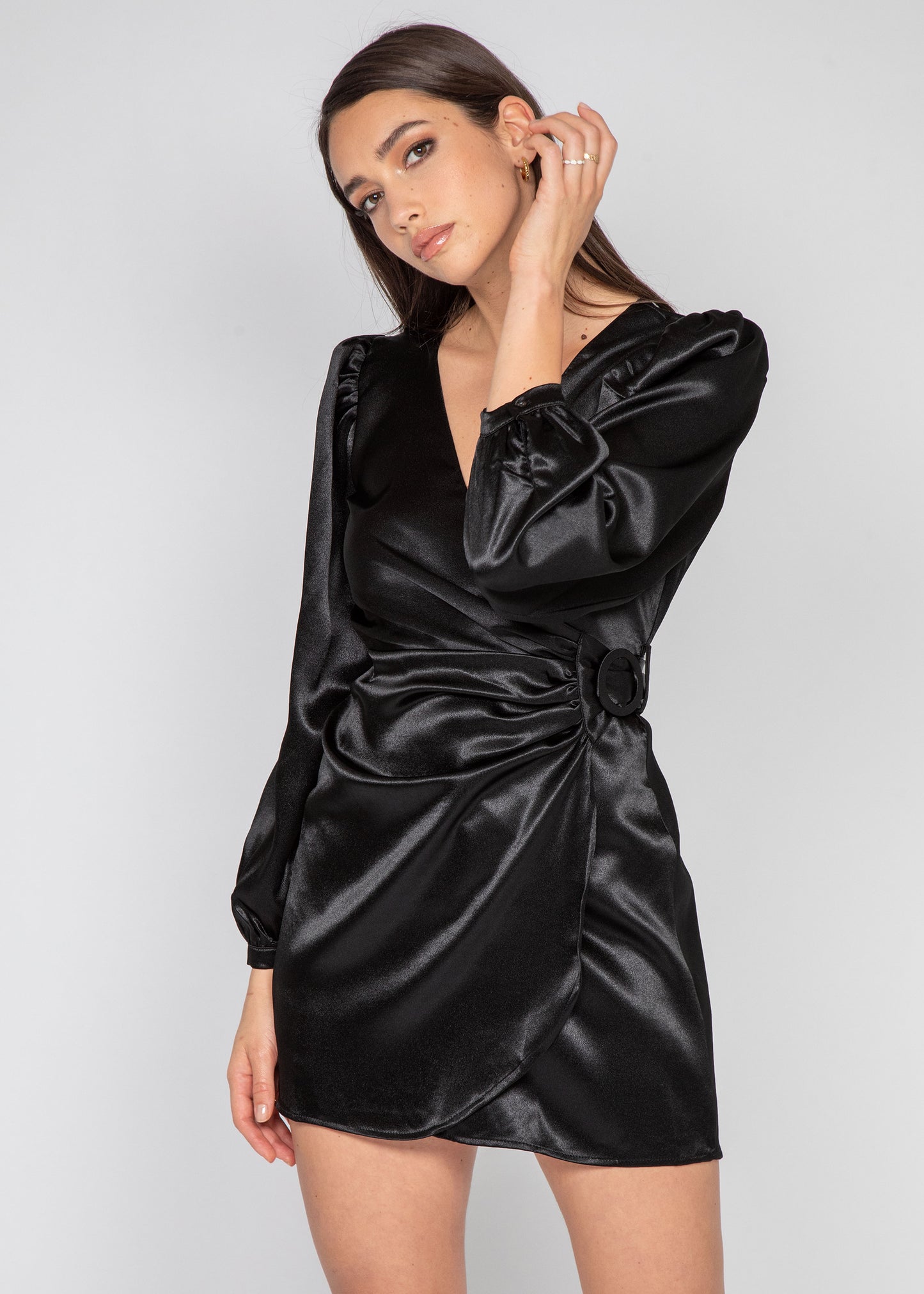 Satin wrap front dress in black