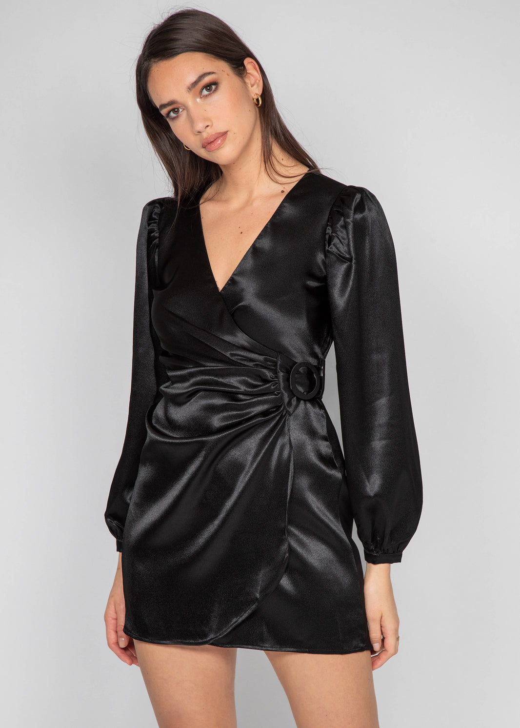 Satin wrap front dress in black