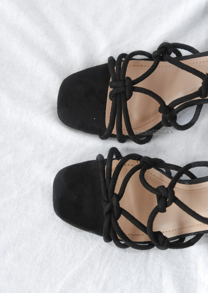 Black Lace Up Block Heel Sandal