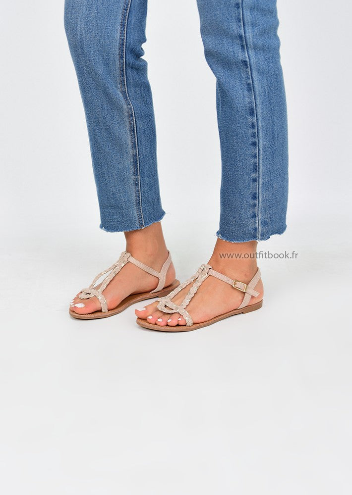 Beige plaited flat sandals