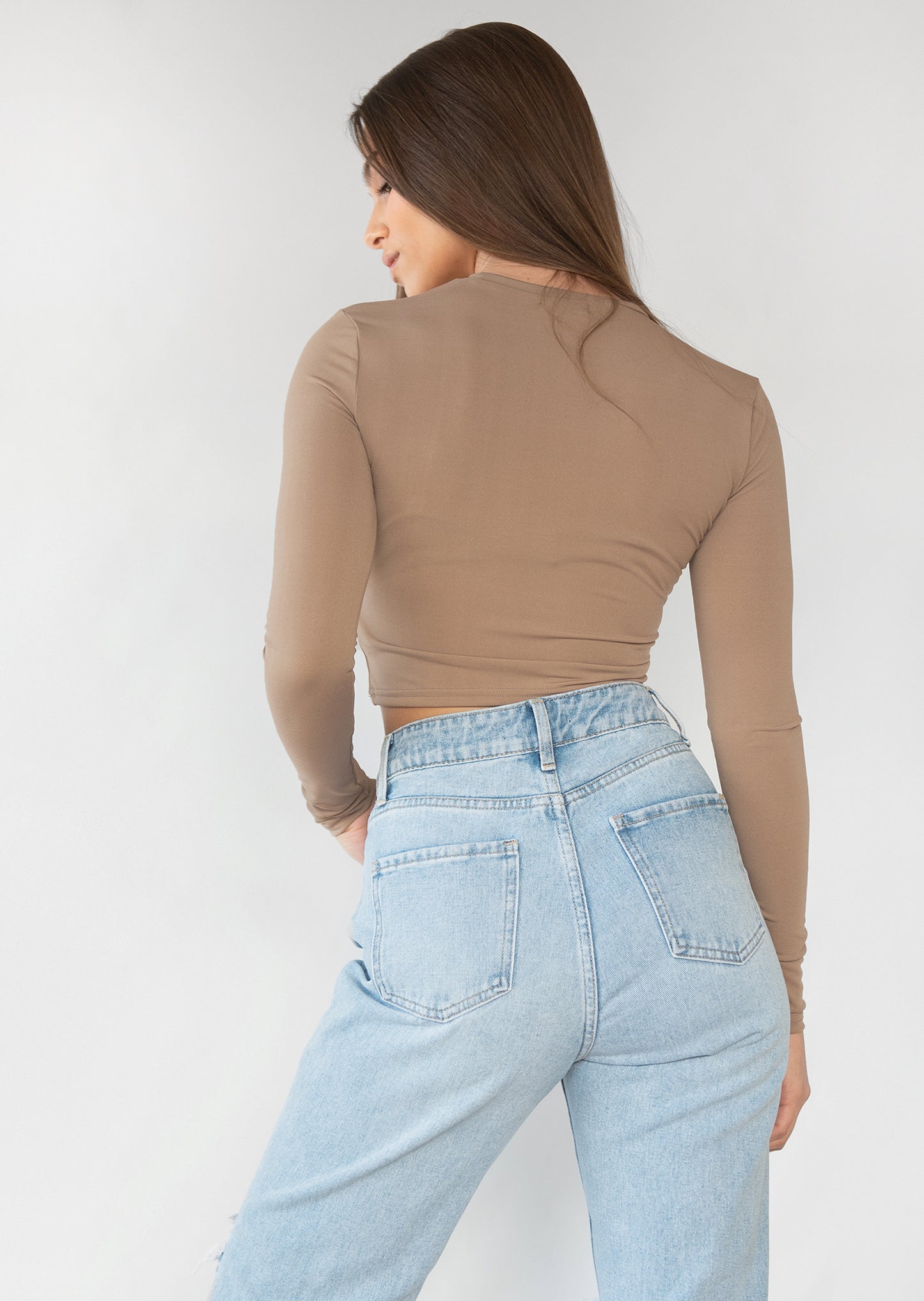 Long sleeve slim fit top in taupe