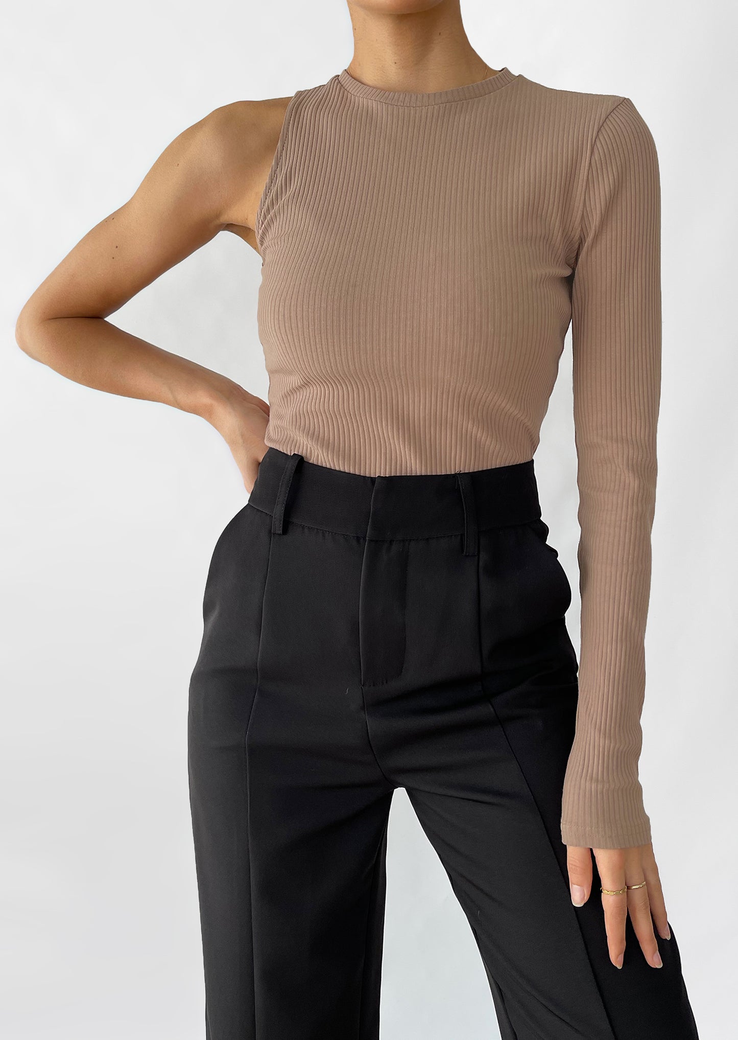 One shoulder long sleeve top in taupe
