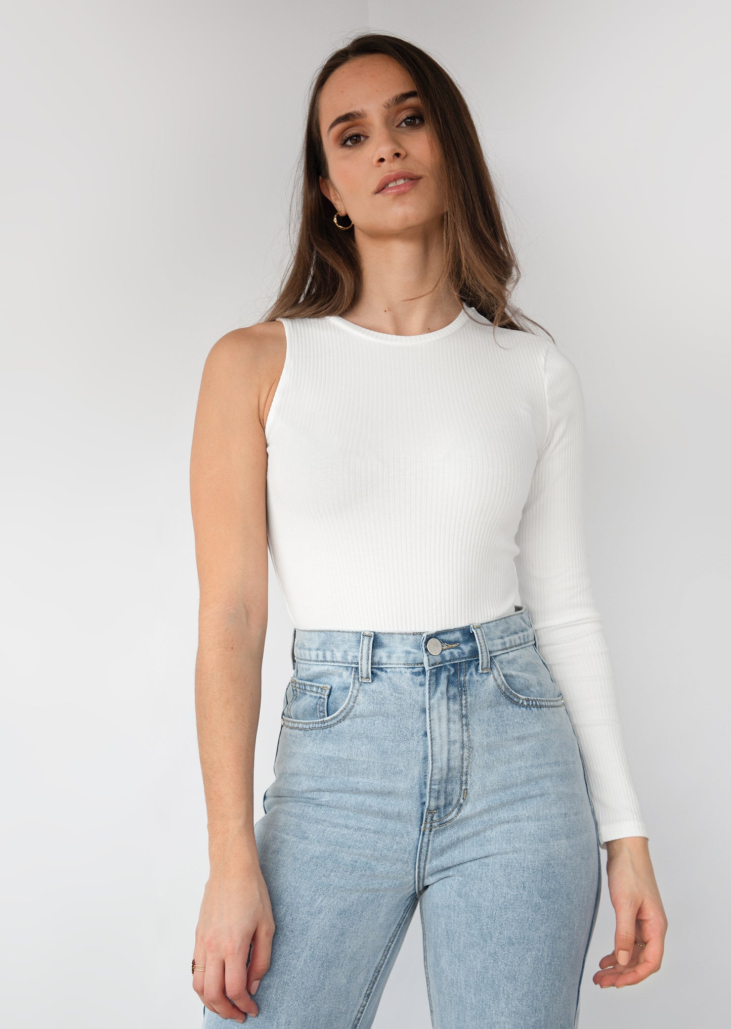 One shoulder long sleeve top in white