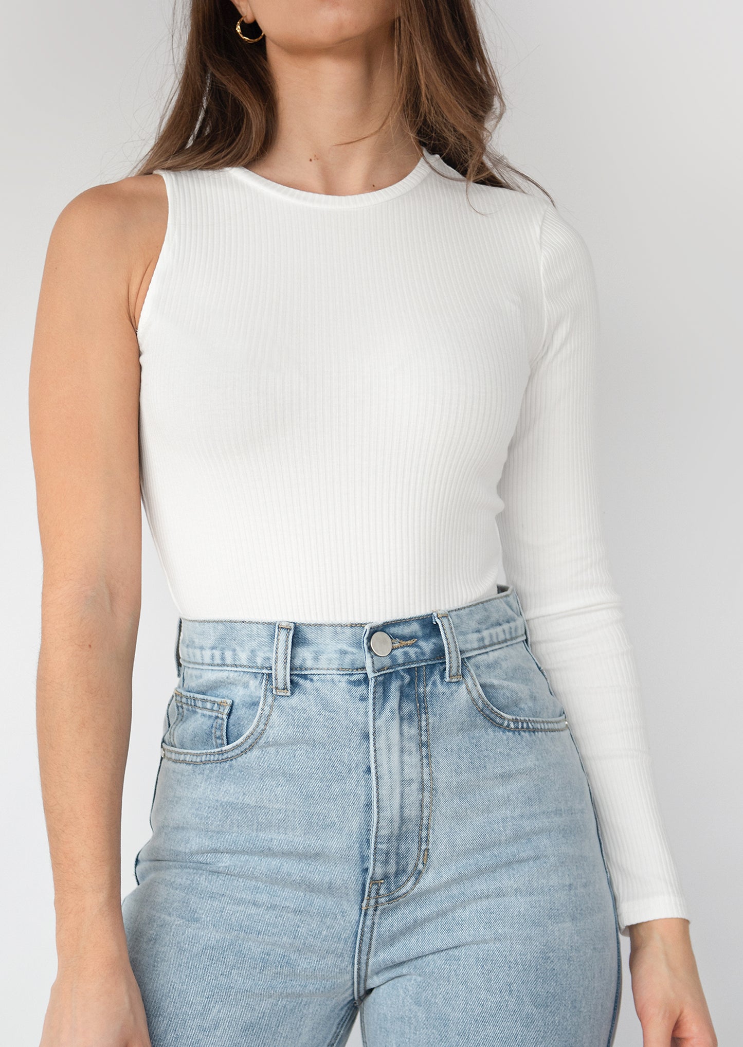 One shoulder long sleeve top in white